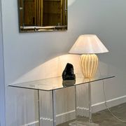 Elegant vintage Murano table lamp with swirled gold & white stripes, Italy 1980s