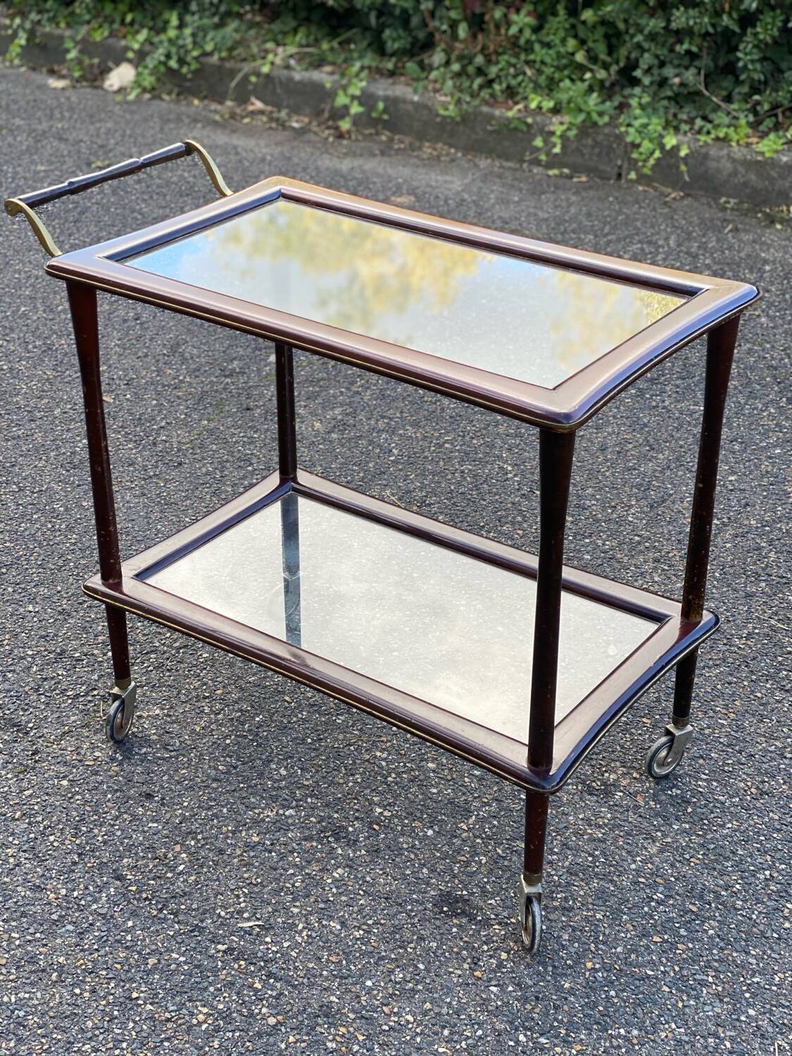 Vintage glass and rosewood Lacca style serving trolley