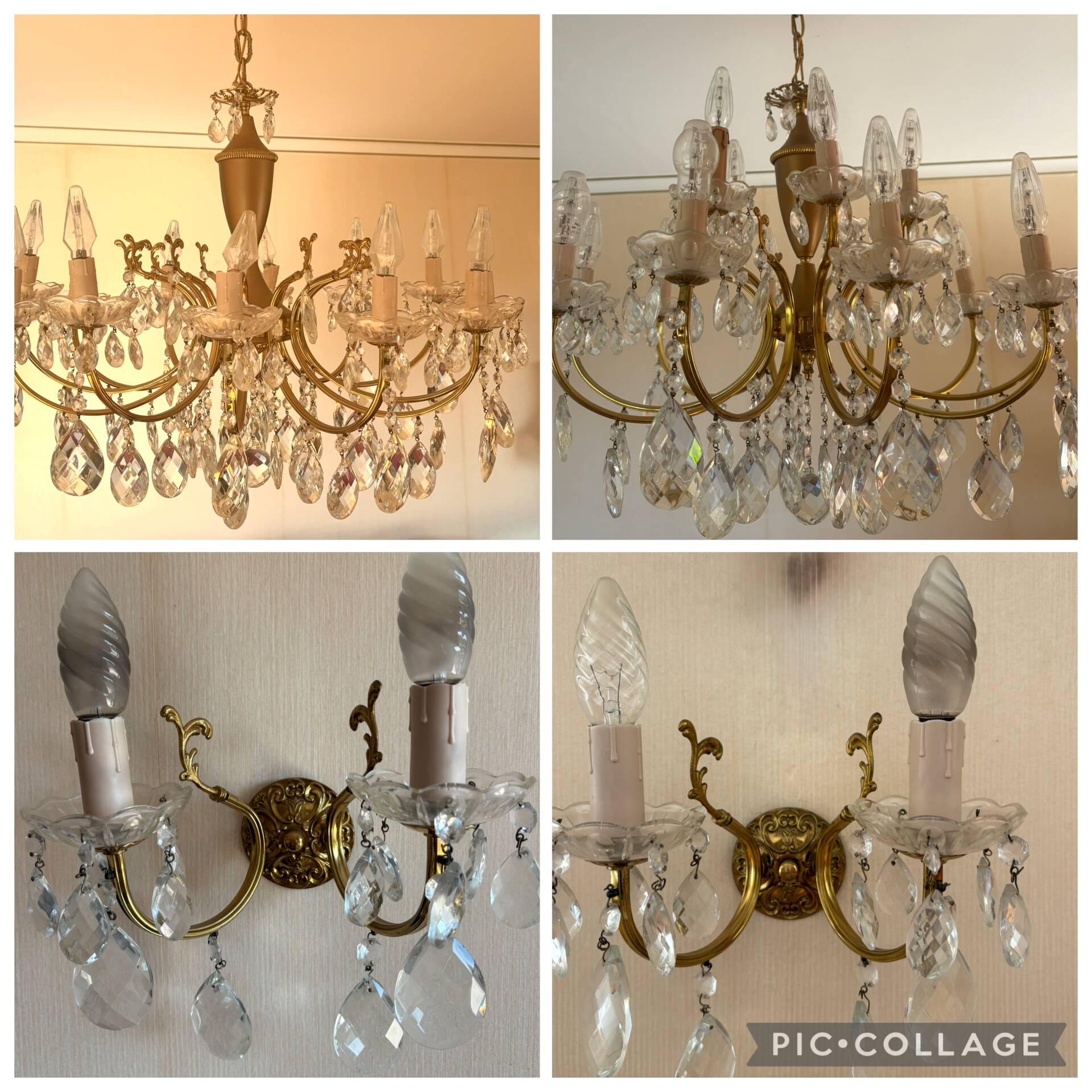 Ensemble de réception en laiton massif et cristal – 2 lustres et 2 applique