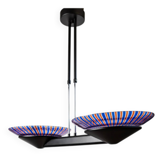 XXL Murano Glass Chandelier with Blue and Red Stripes, Black Metal Frame, Italian Memphis Style 1980s