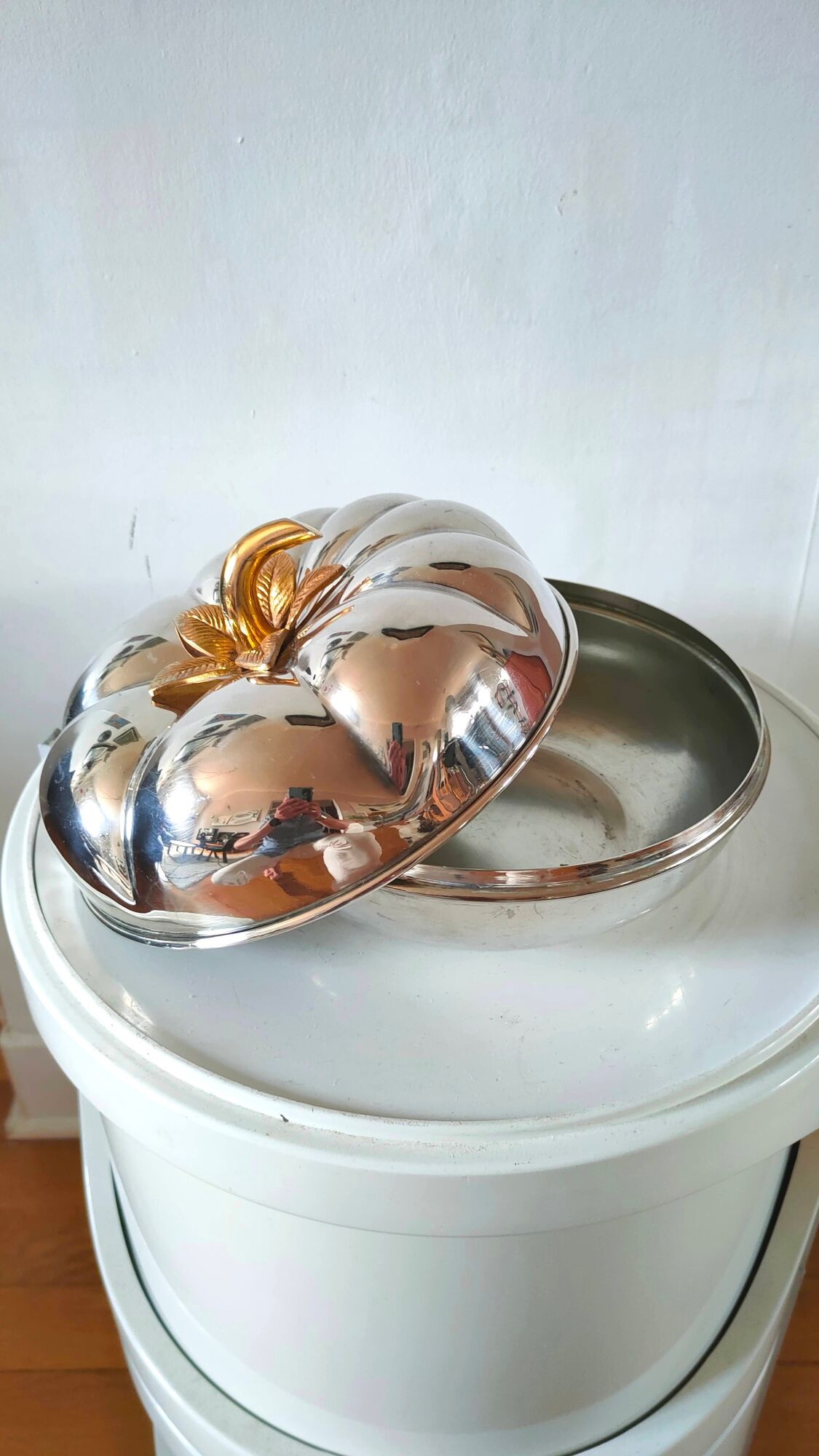 Ice cube bucket pumpkin silver metal design 70s