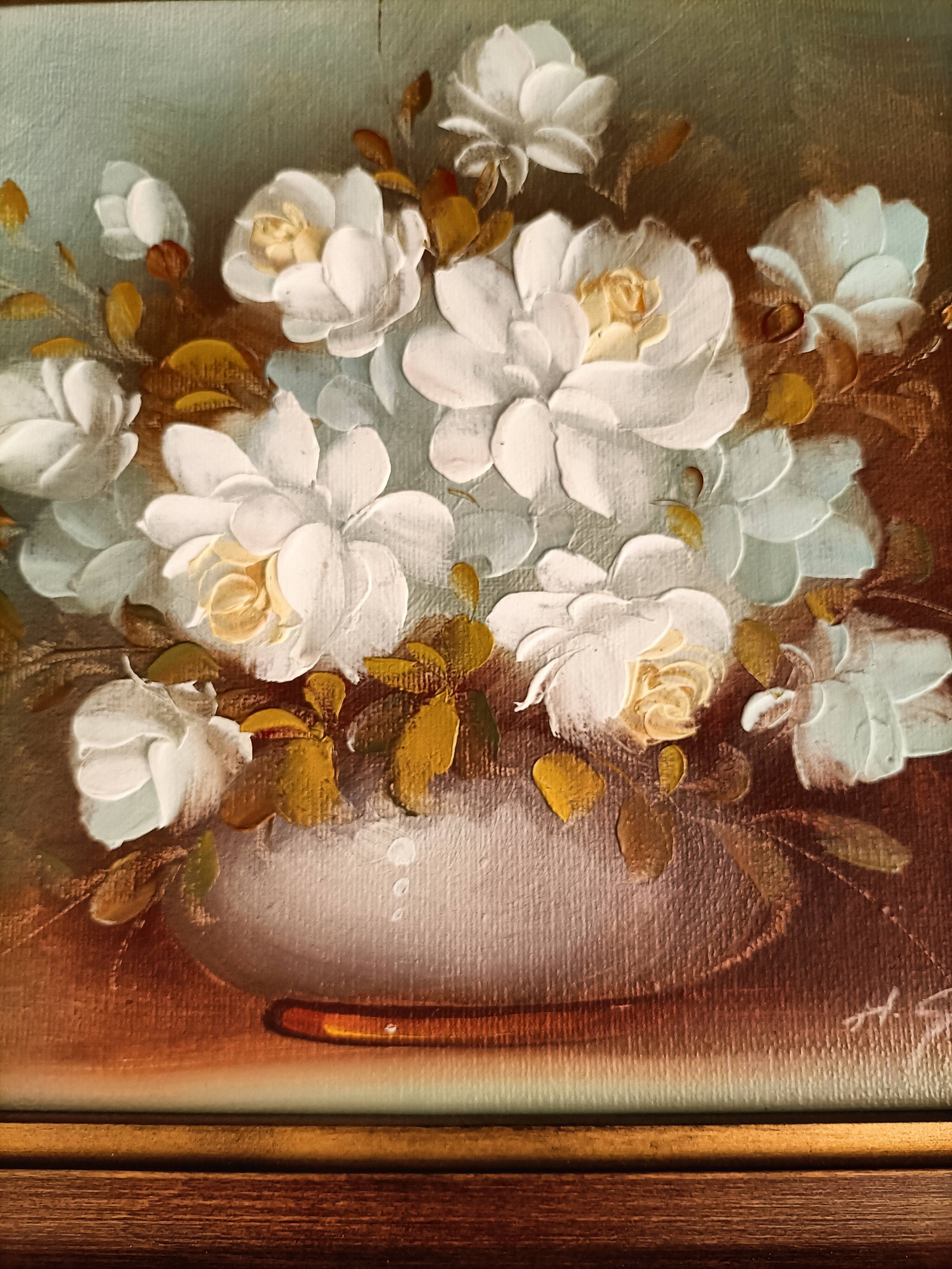 Still life painting with flowers, artist's signature