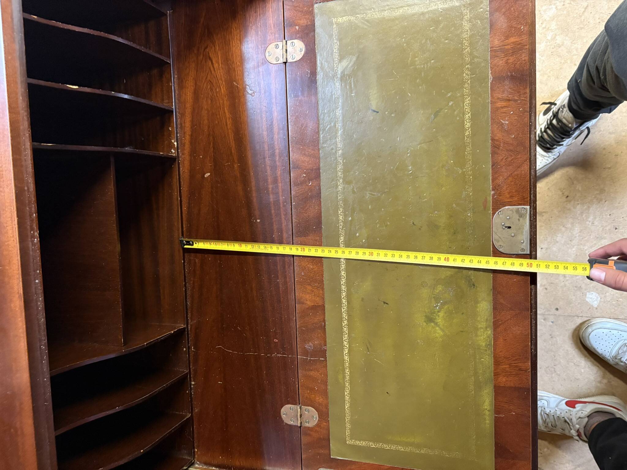 Antique mahogany secretary, upholstered flap and interior storage