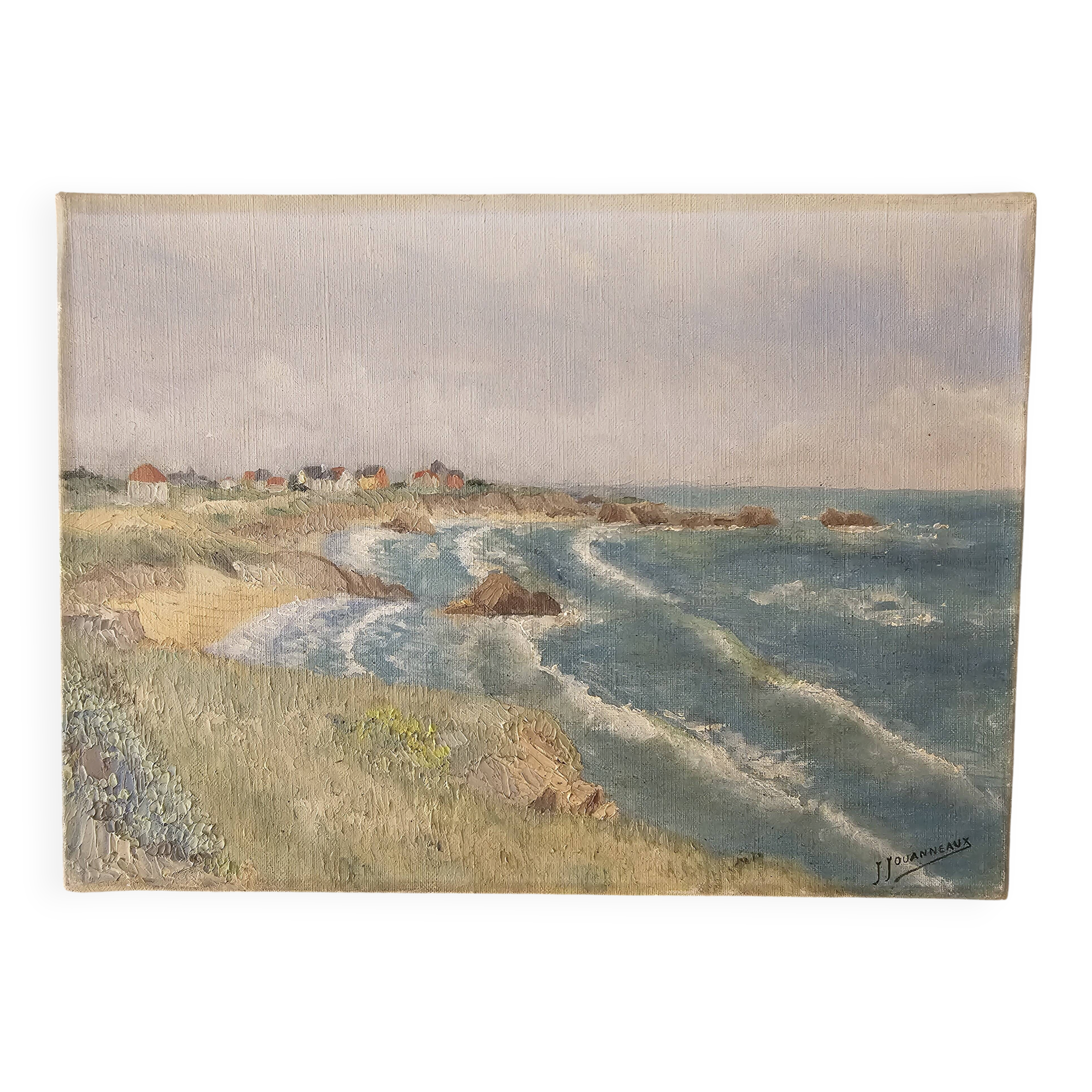 Tableau Oil on canvas - Atlantic coast landscape Cliffs signed Jouannea