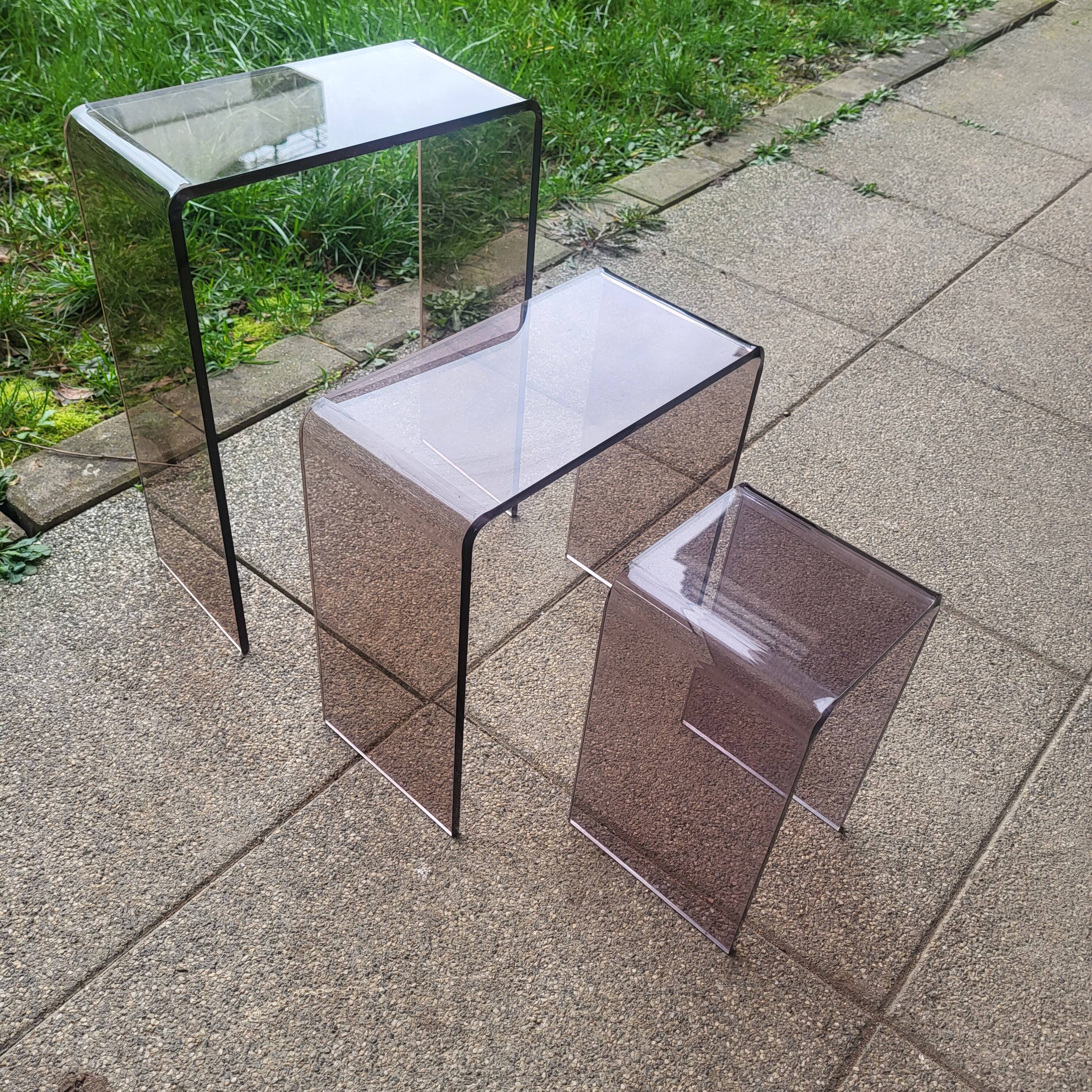 3 side tables, occasional table in smoked plexiglass, 1960s-70s.