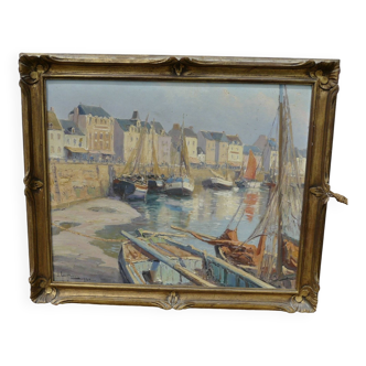 Painting by Louis Gauffriaud - Fishing boat in the port of Concarneau (Brittany) 1932