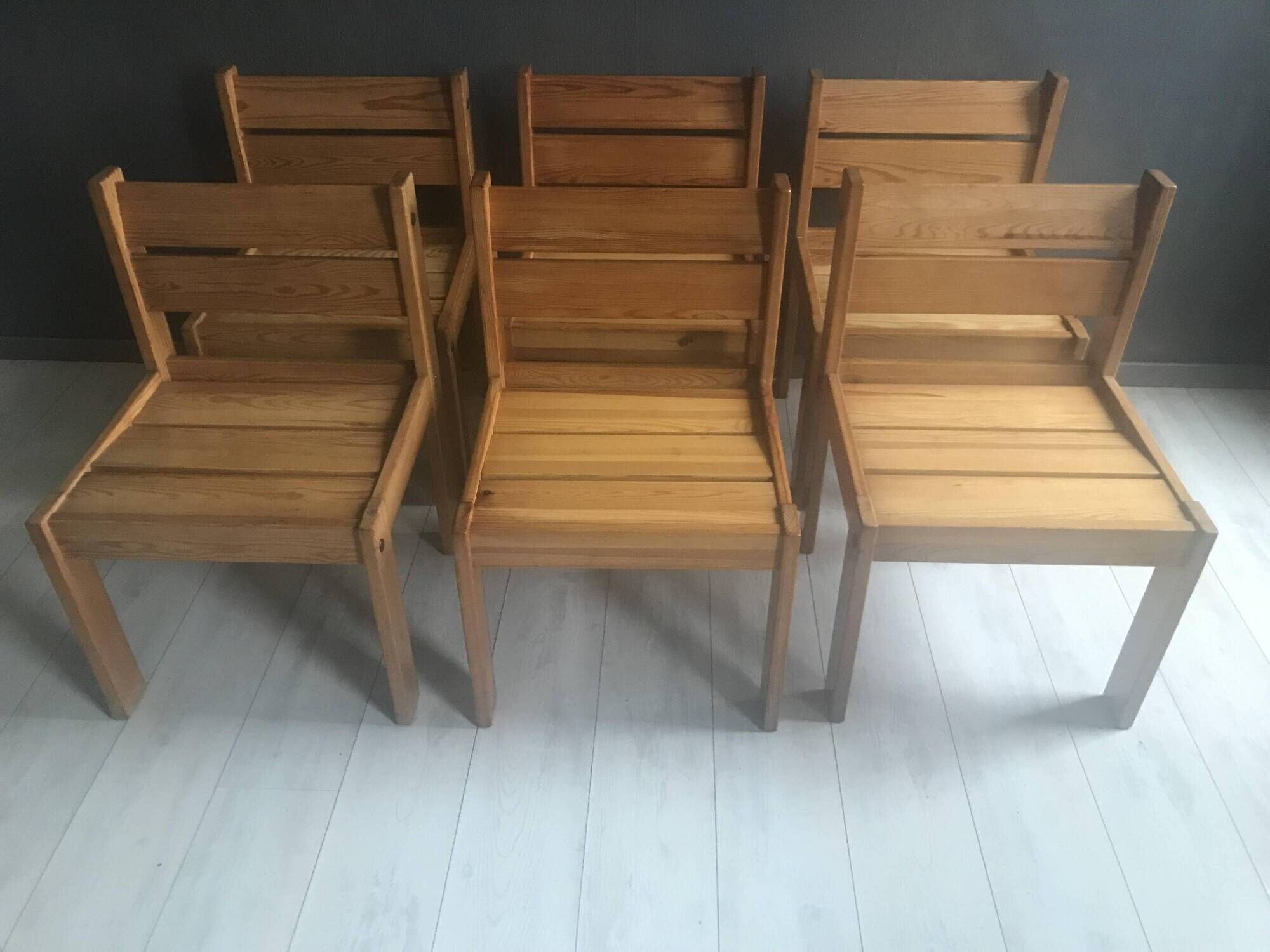 6 chaises de salle à manger en pin, Suède années 70