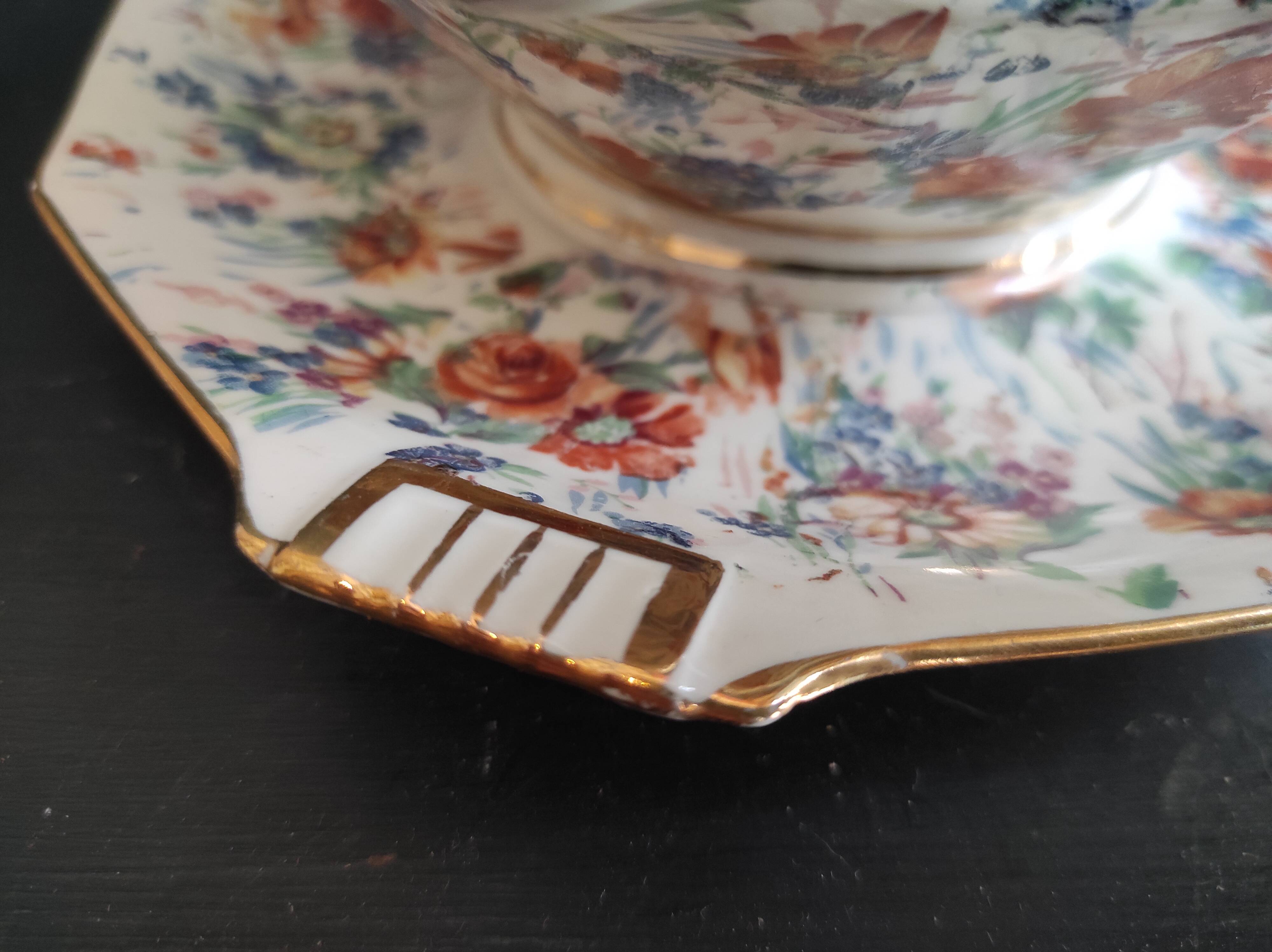 Vintage French serving sauce boat from La Tallec, Limoges, with colourful floral decoration