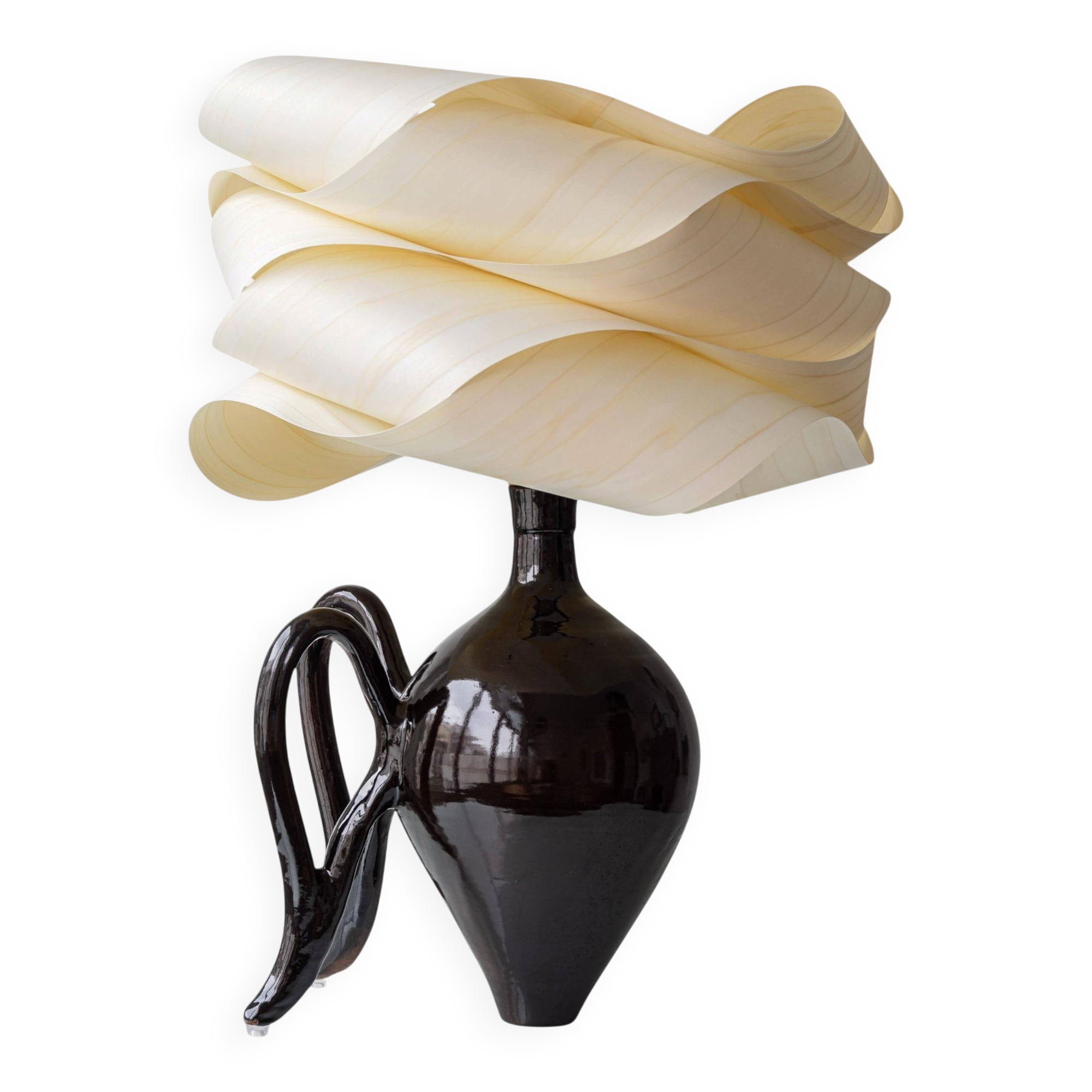 Modern Sculptural Table Lamp in Ceramic and Wood, Organic Style: "Cántaro Cloud" with Wings
