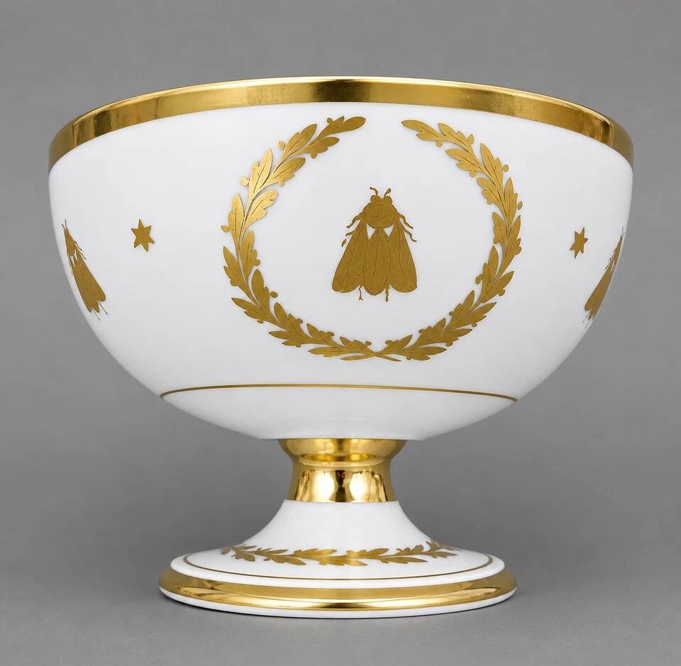 Empire-style footed cup in white porcelain, richly decorated with fine gold.