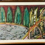 Tableau abstrait règle 1965 cadre papier technique mixte