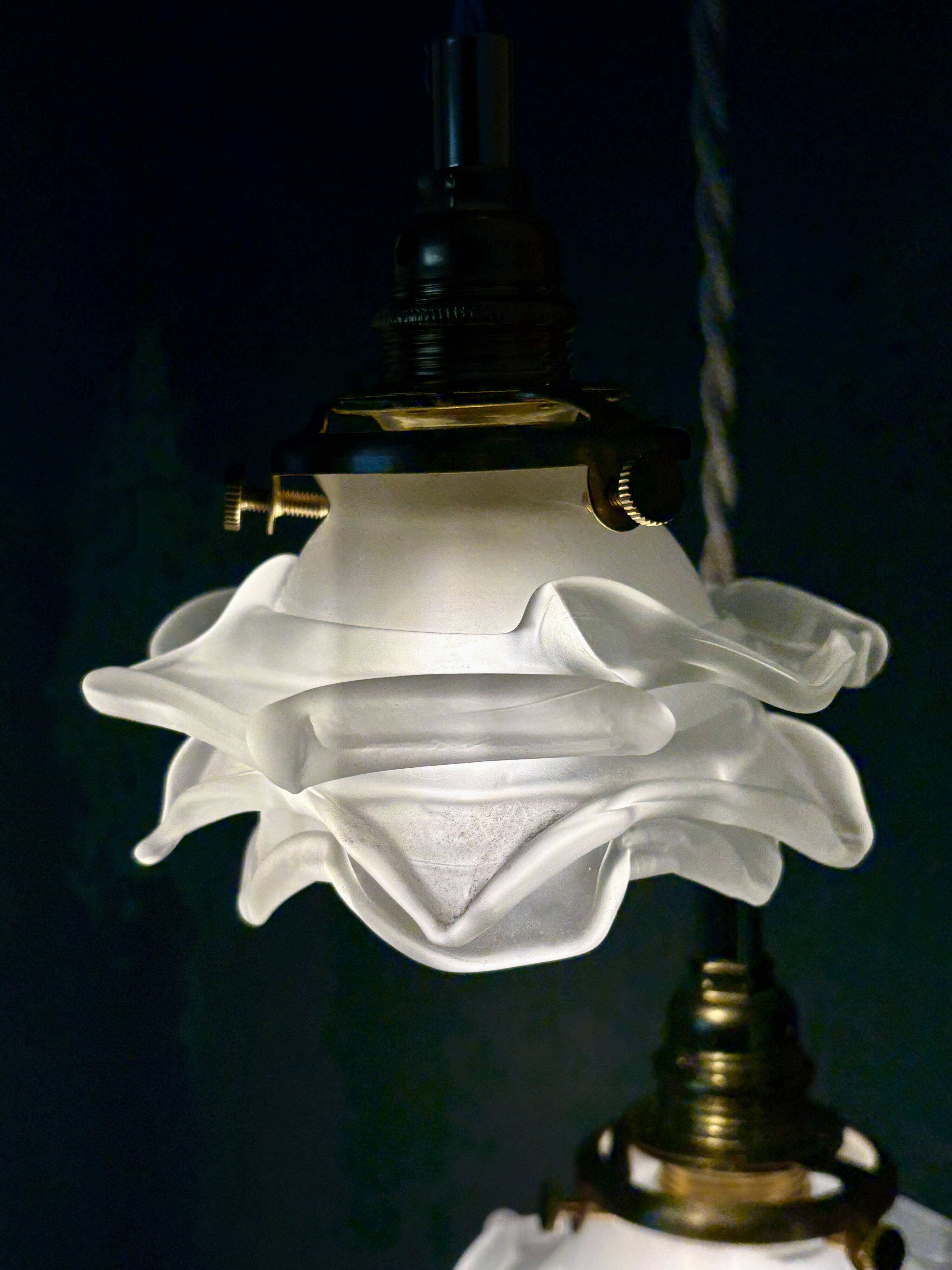 Vintage triple tulip pendant light in frosted glass in the shape of flowers