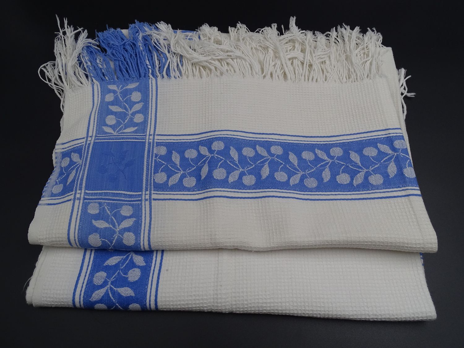 Lot of 2 old and cotton tea towels - Pretty blue friezes - Franges - Circa 1920-1930