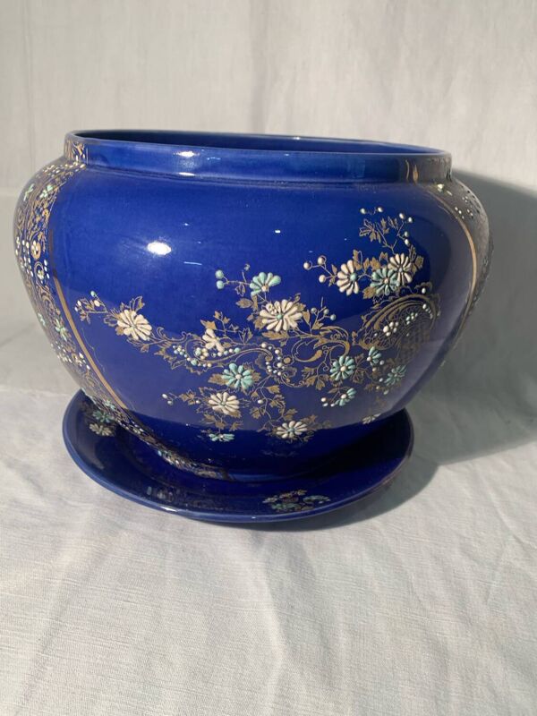 Ancien cache-pot bleu, céramique, faïence Art nouveau ver 1900