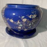 Antique blue flowerpot, ceramic, Art Nouveau earthenware circa 1900