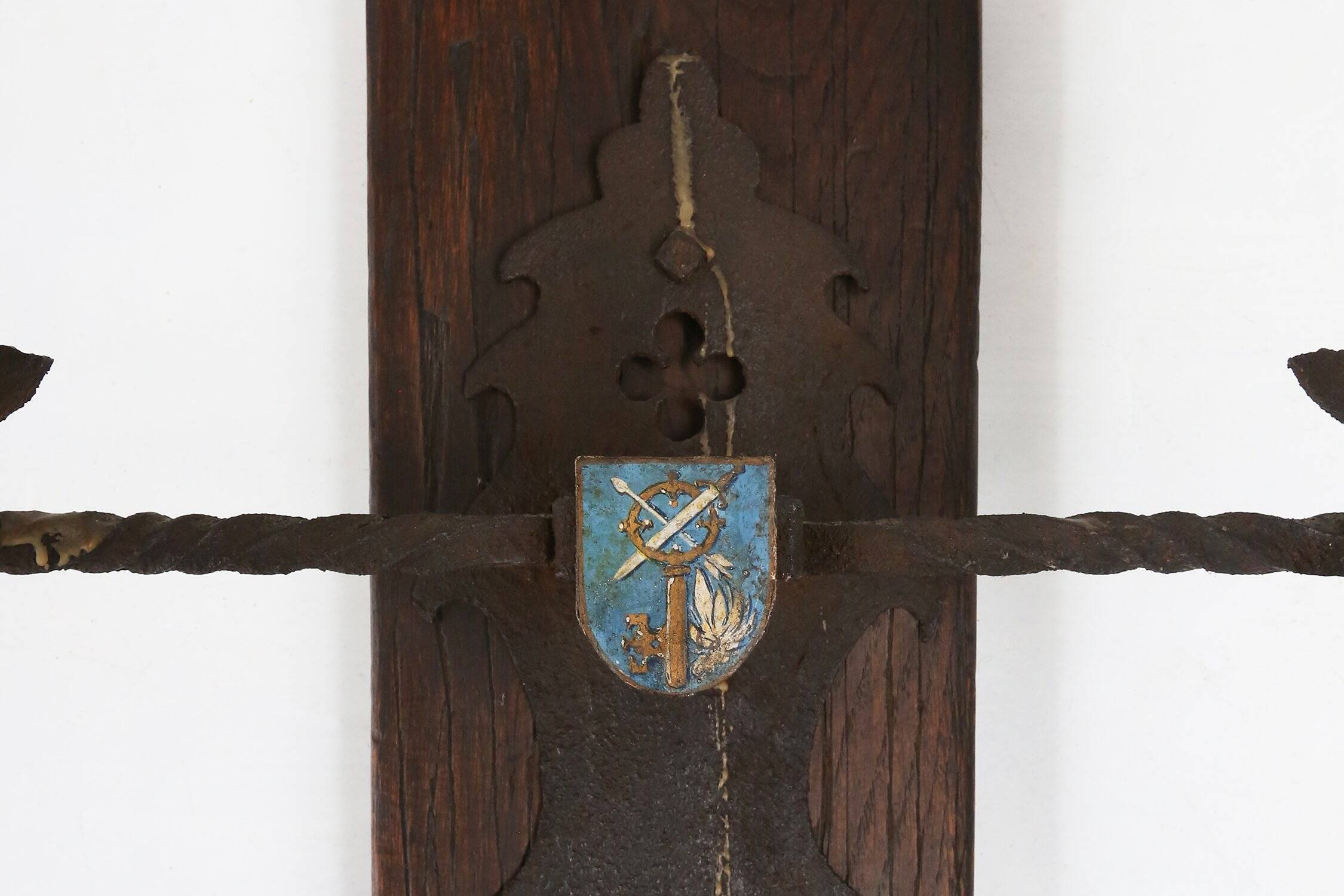 French 20th Century Large Wrought‑Iron Medieval Revival Wall Lamp with Swor