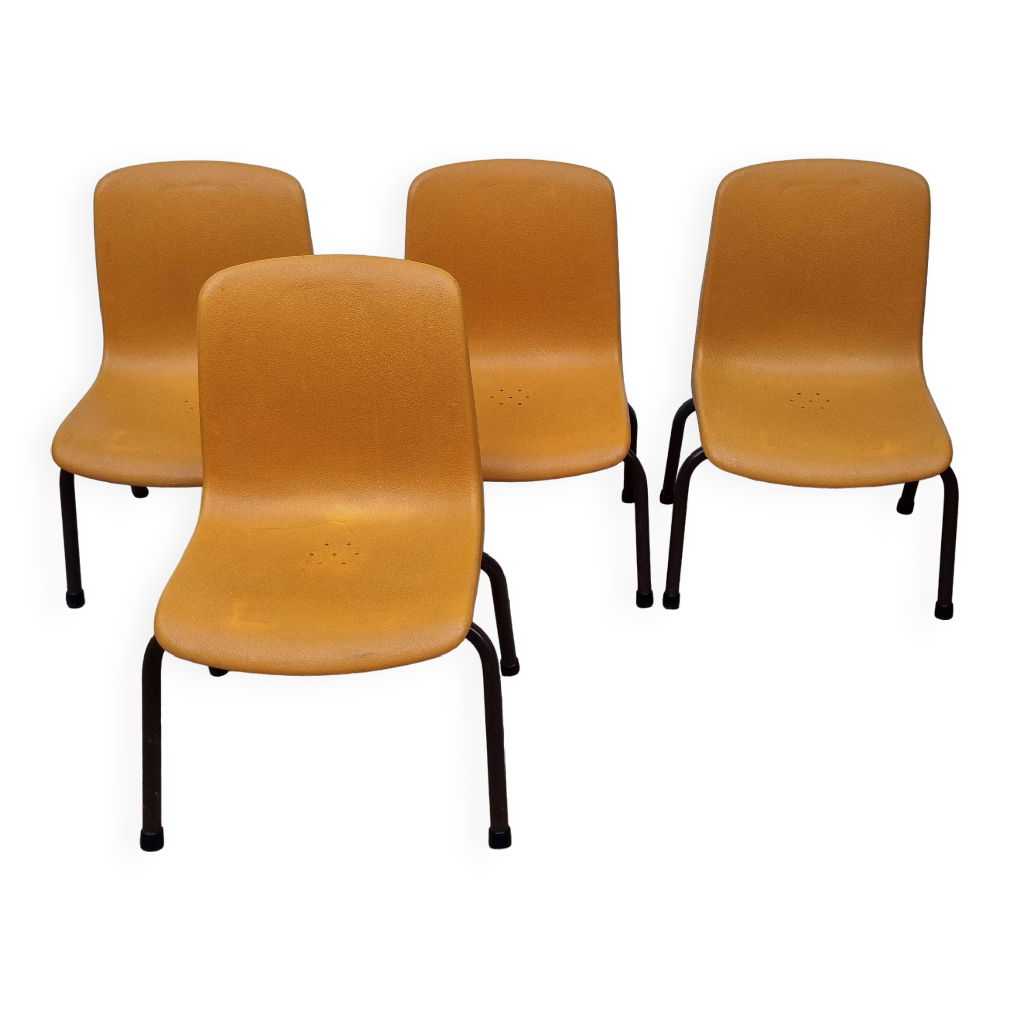 Set of 4 vintage Grosfillex school chairs, 60s-70s, orange plastic and tubular base