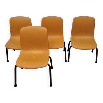 Lot de 4 chaises d'écolier vintage Grosfillex, années 60-70, plastique orange et piètement tubulaire
