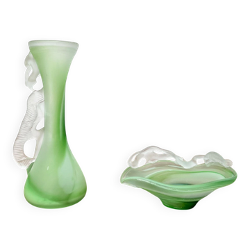 Carafe et bol en verre d'art français vintage, années 1970, ensemble de 2