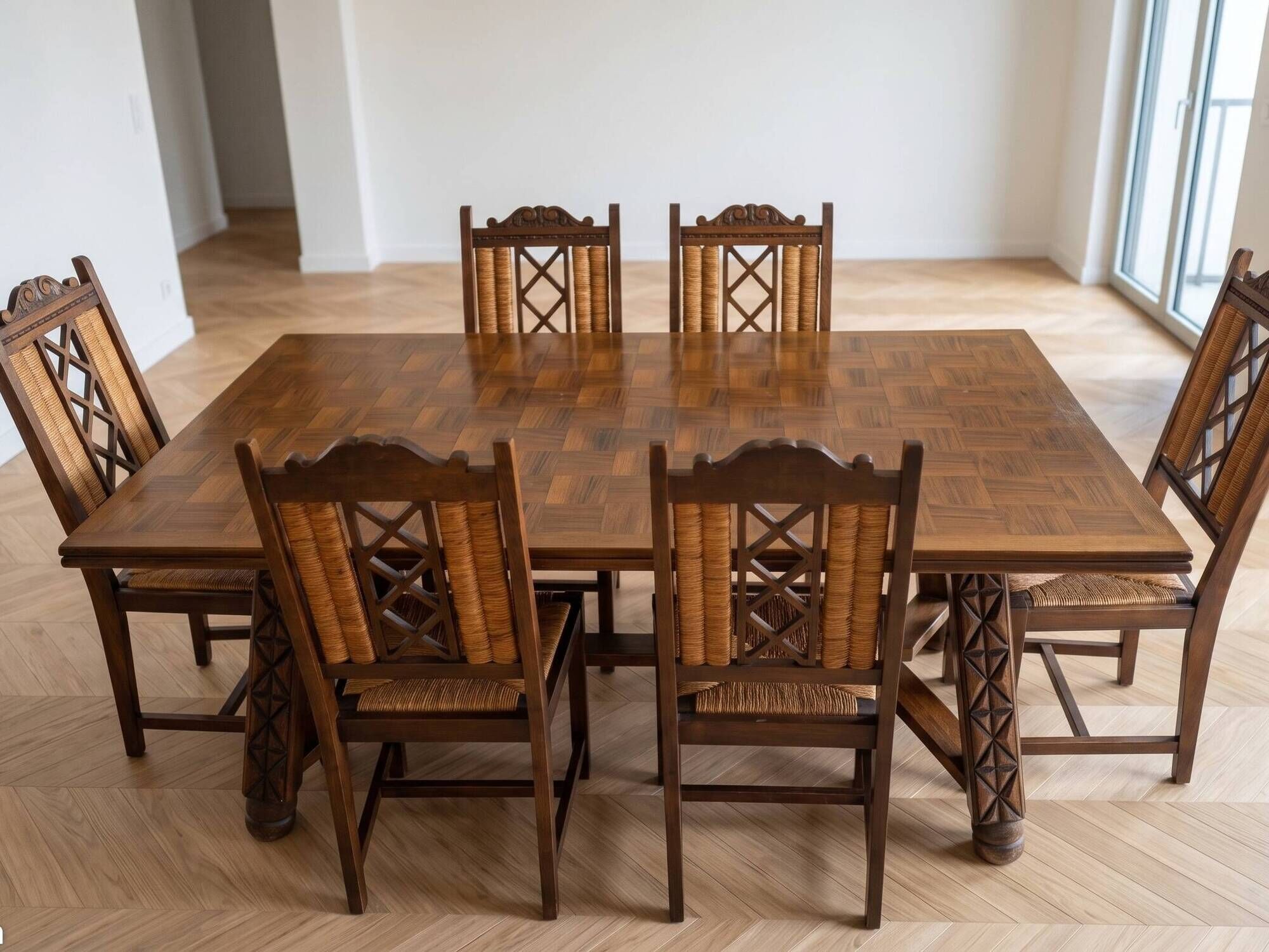 Dining table set with 6 chairs in cherry wood.