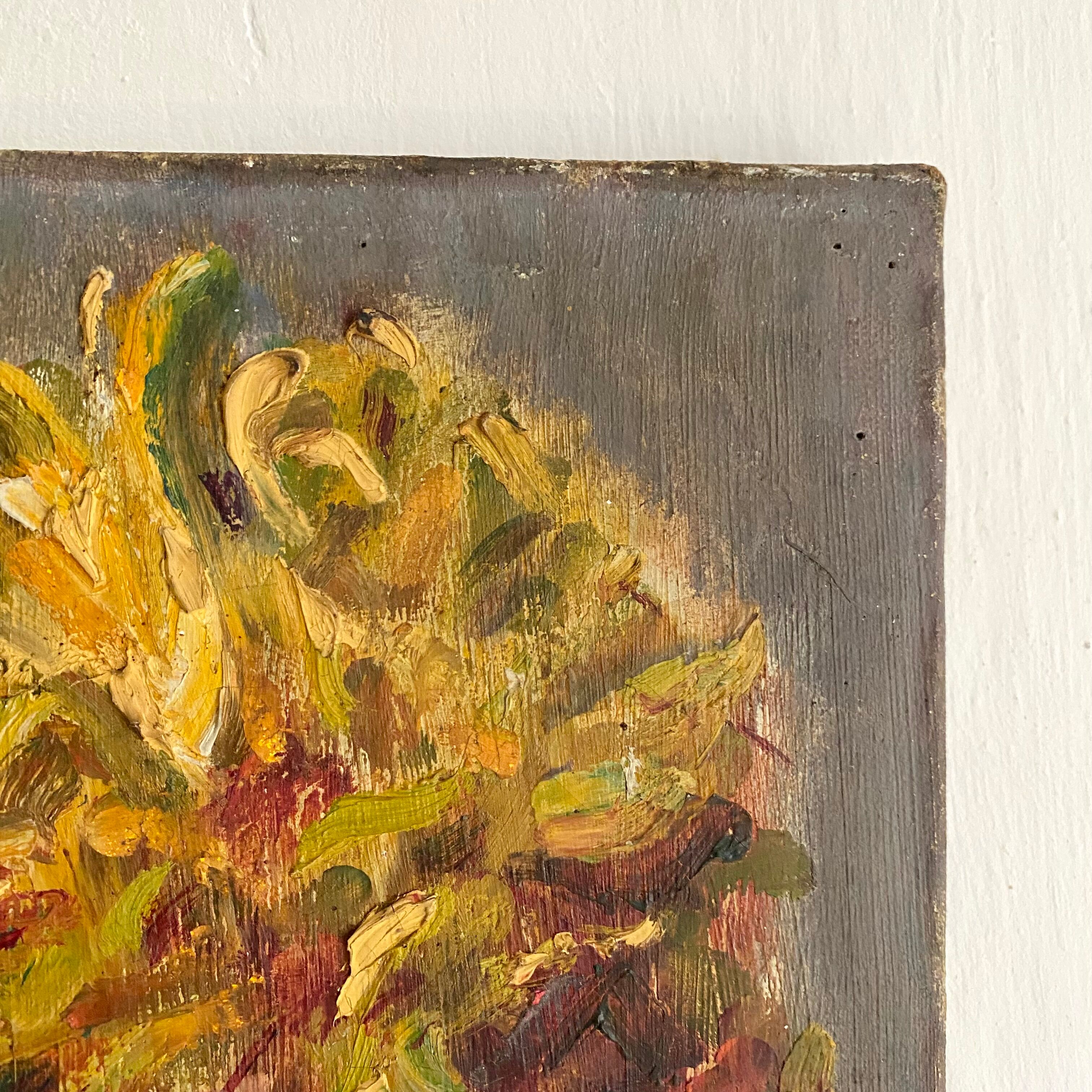 Oil on ancient canvas, still life bouquet of flowers