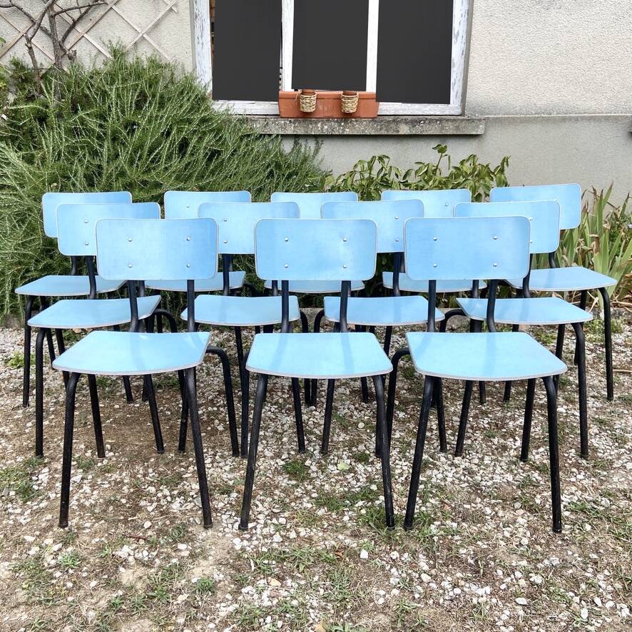 Set of 12 blue formica chairs