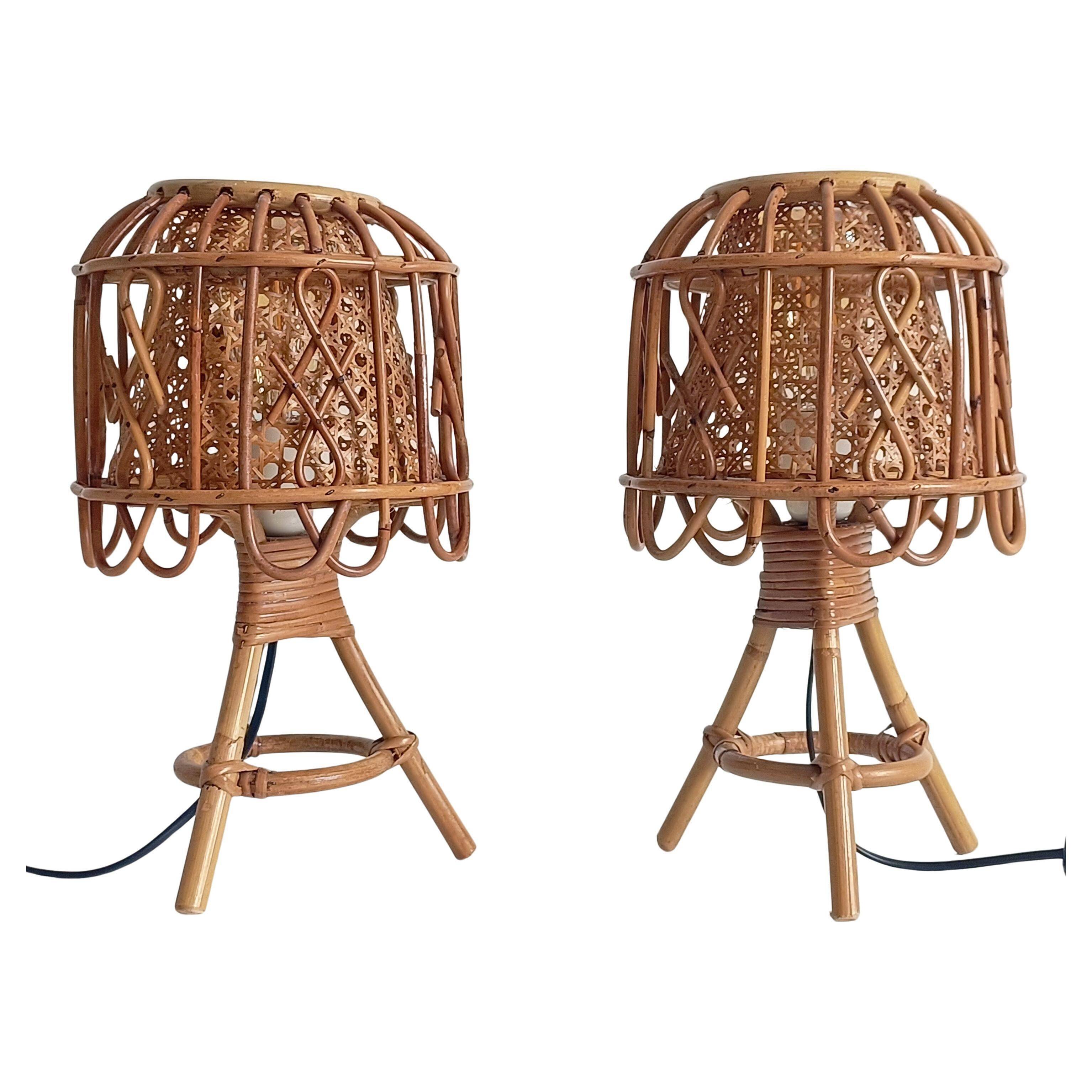 Mid-Century French Riviera Bamboo and Rattan Table Lamps, 1960s