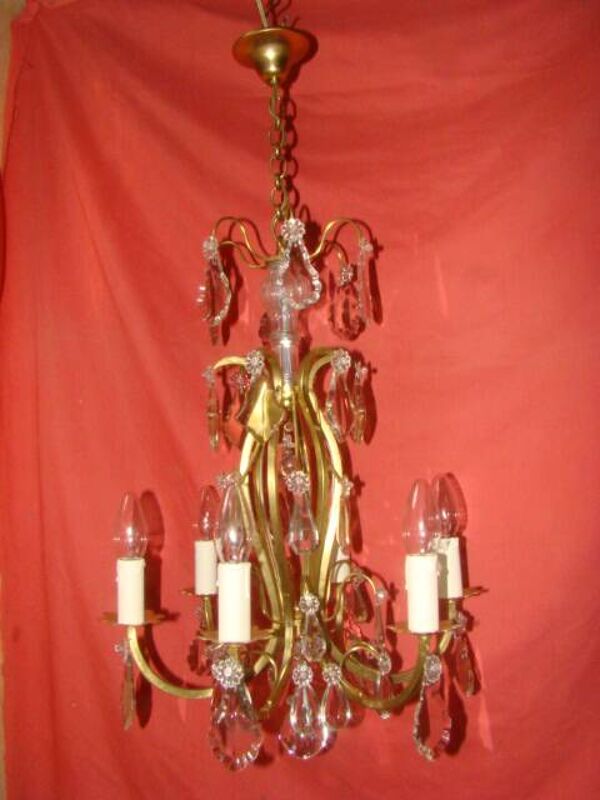 lustre à pampilles type cage à 6 bras de lumière époque début 20 ème