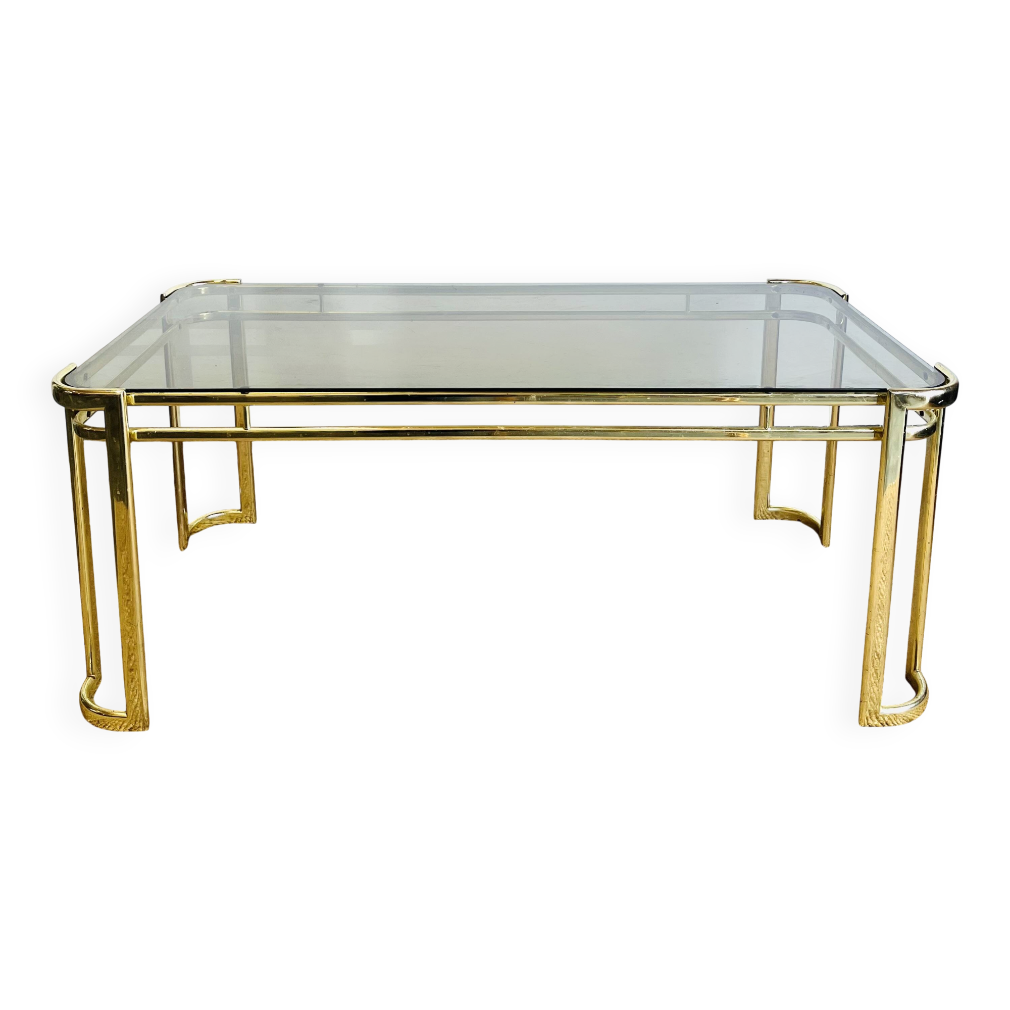 Gold metal and smoked glass coffee table – 1970s-624001