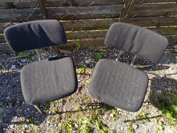Paire ancienne chaise métal chromé et tissu noir années 70 vintage