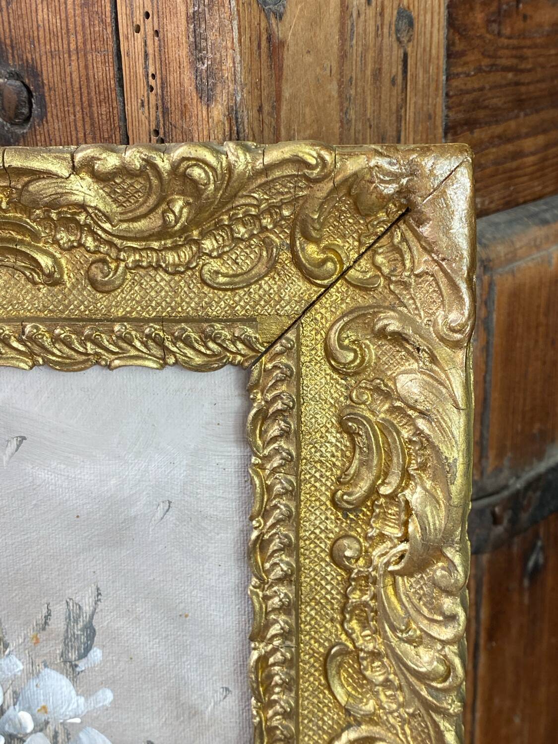 Huile sur toile, décor floral, encadrement en bois doré