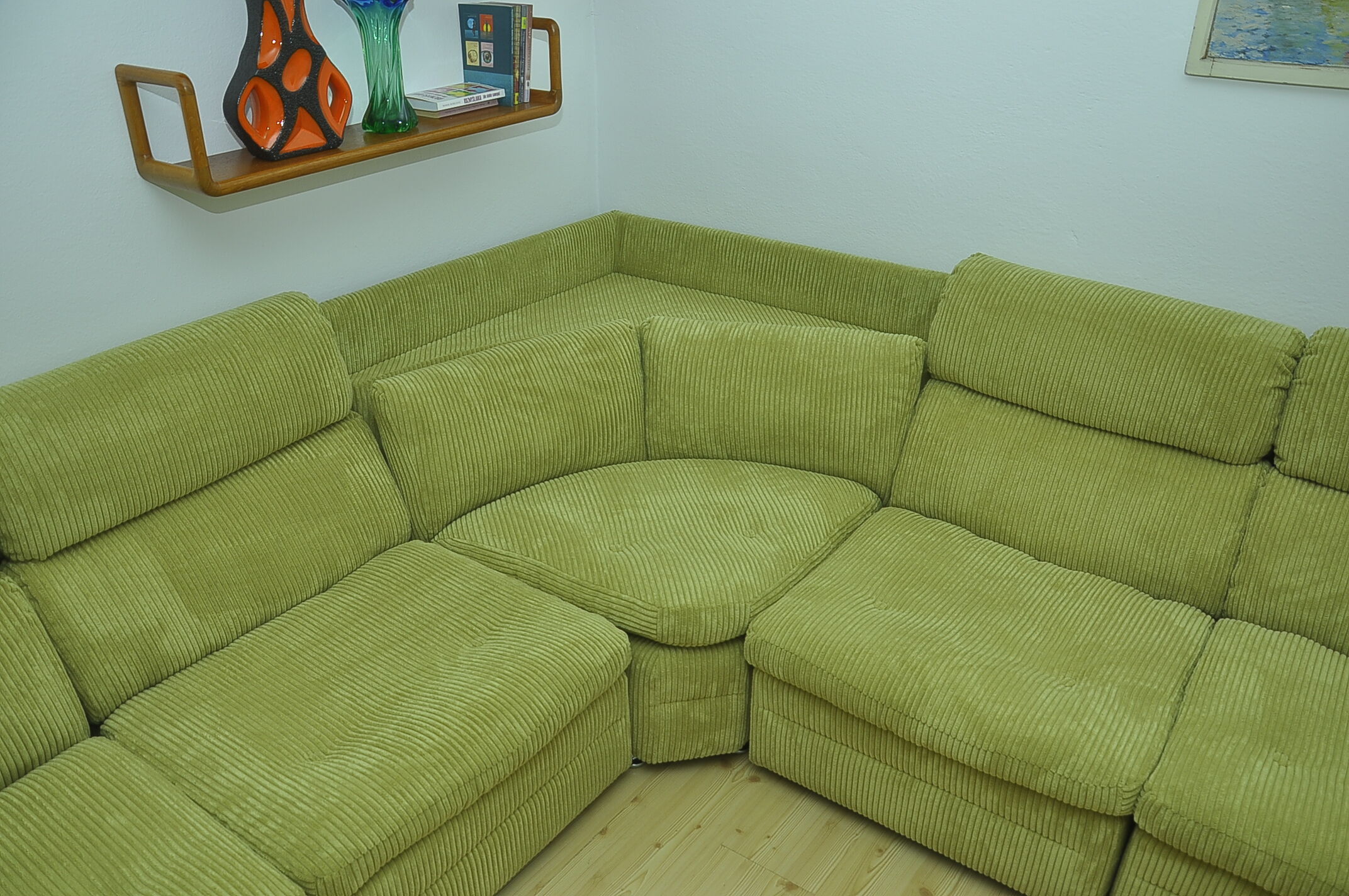 Green corduroy modular sofa from the 70s, 7 pieces