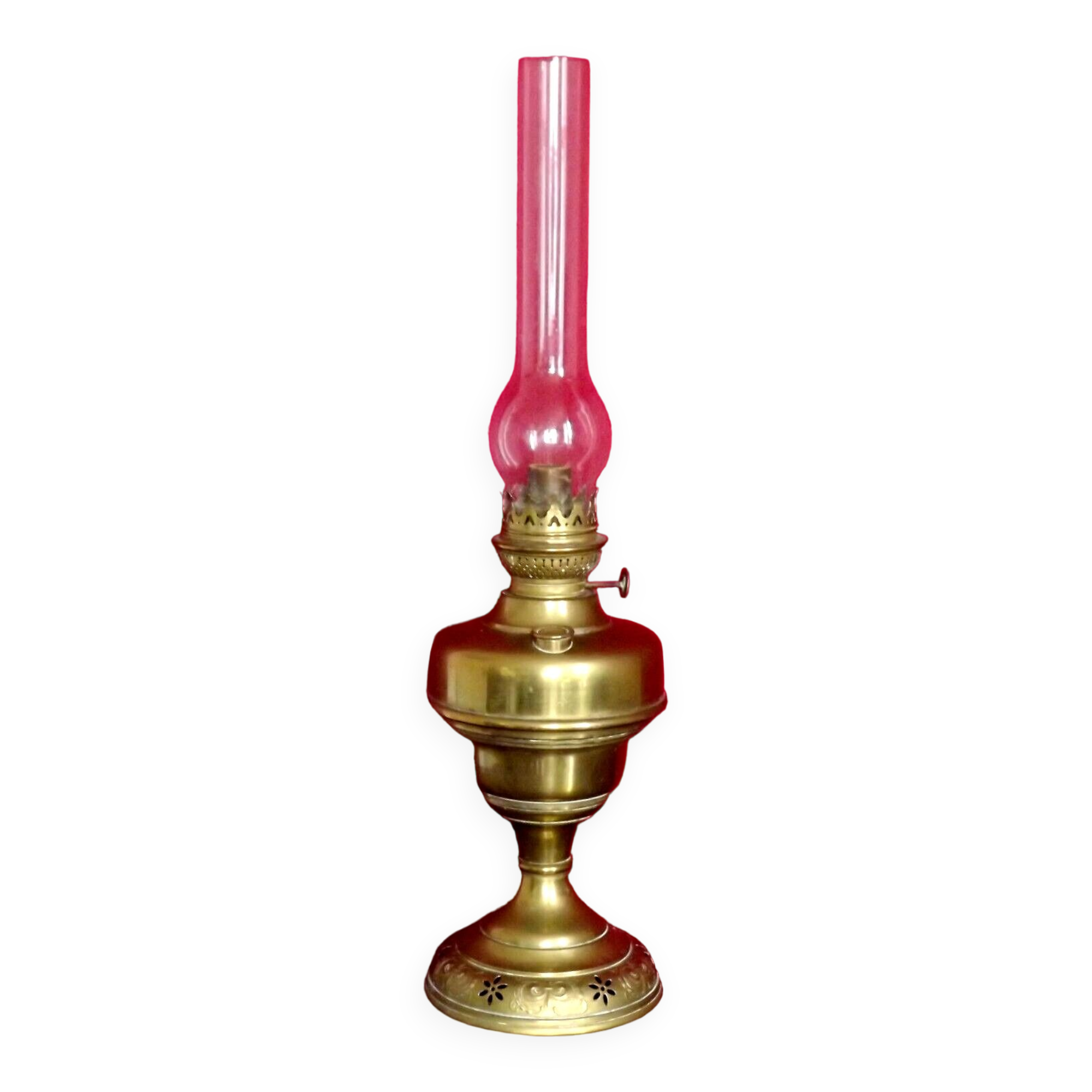 Vintage brass oil lantern with decorative base and transparent glass funnel stamped L B Brand Delay 4399.