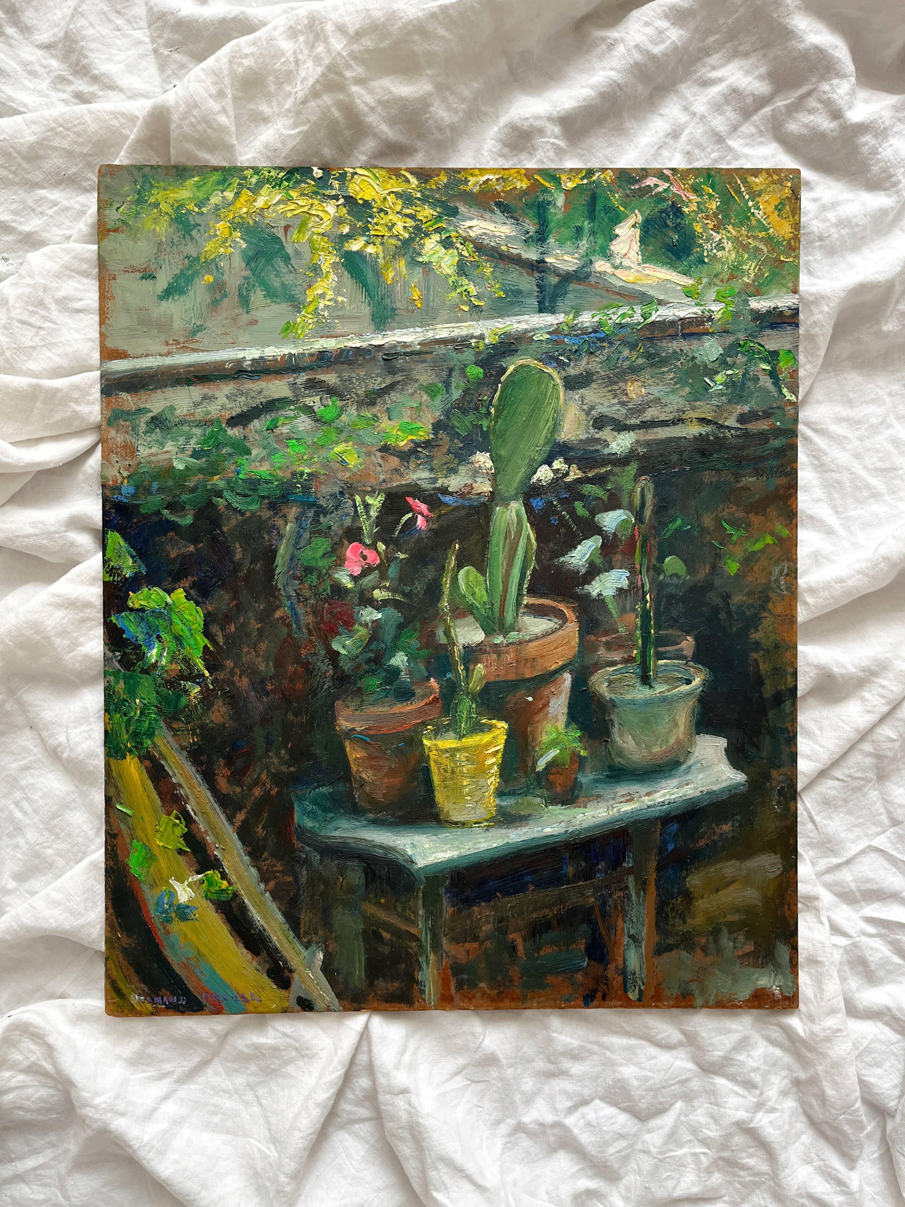 Peinture ancienne huile sur panneau "Derrière l'atelier" signée Fernand Proust Juin 1956