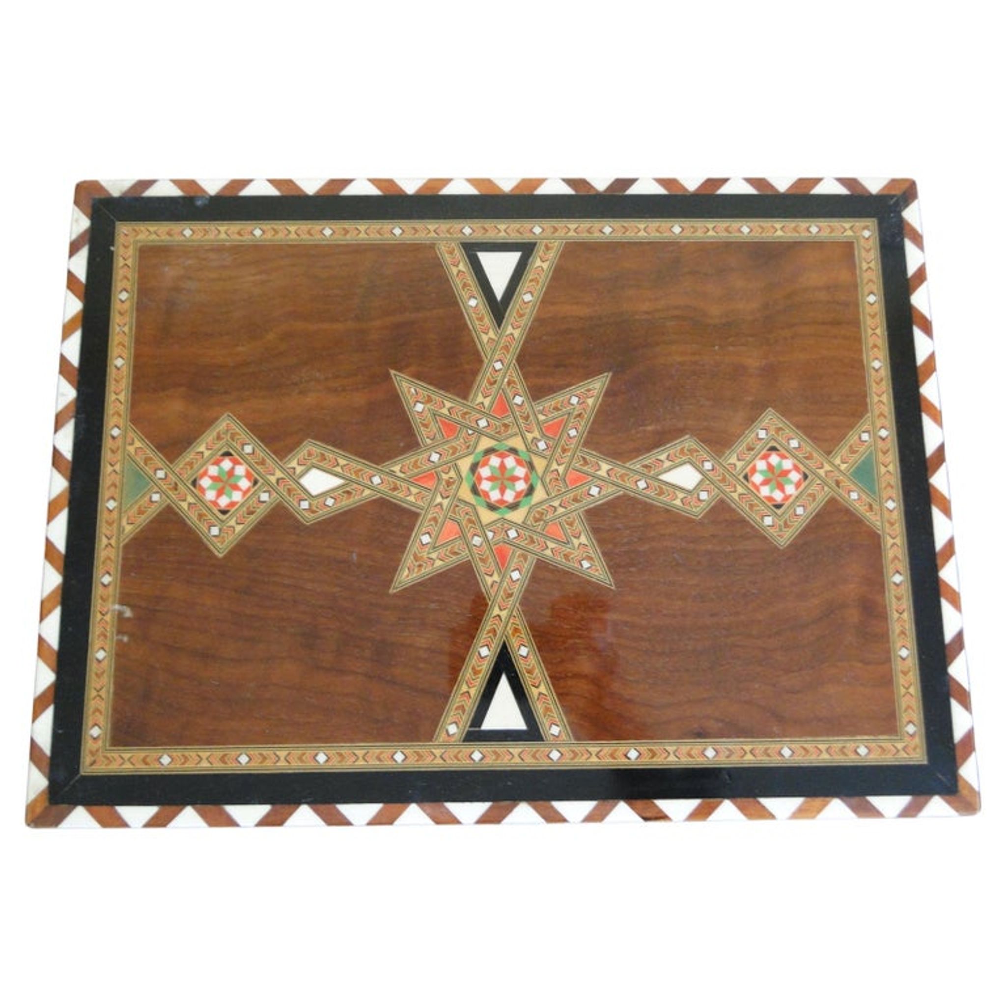 Vintage syrian chess board box wooden mosaic inlaid marquetry