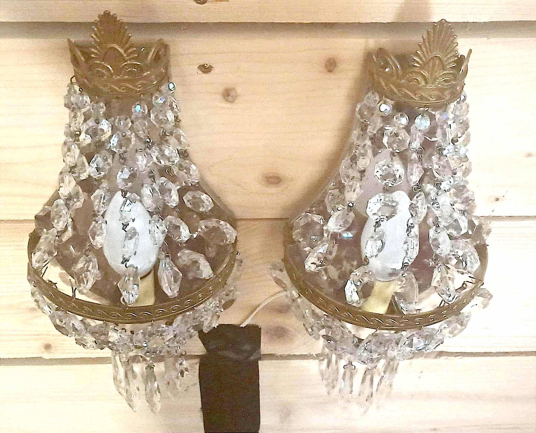 Pair of wall lights with crystal and brass tassels Height 36 cm