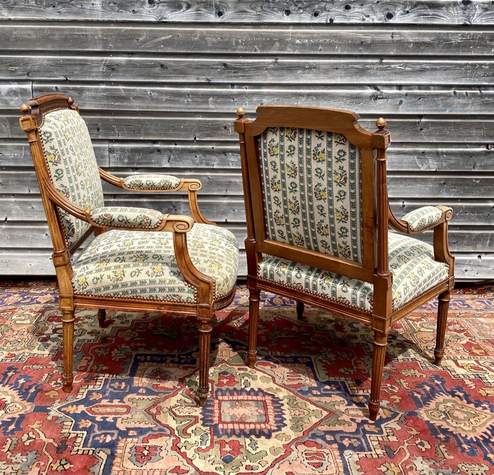 Pair of armchairs in natural wood louis xvi style xix century