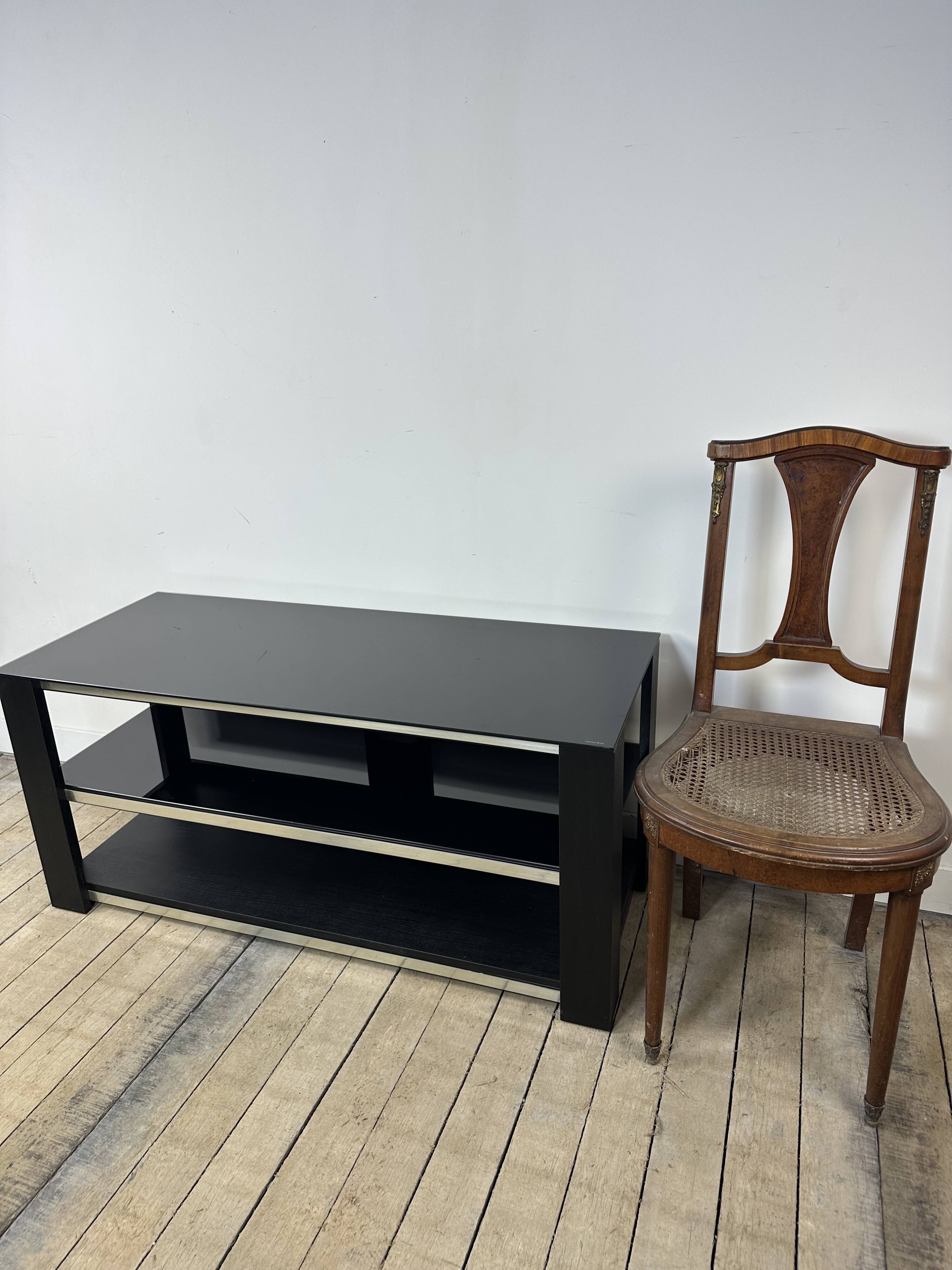Tv hi-fi unit in black melamine and brushed aluminium, vintage 80s.