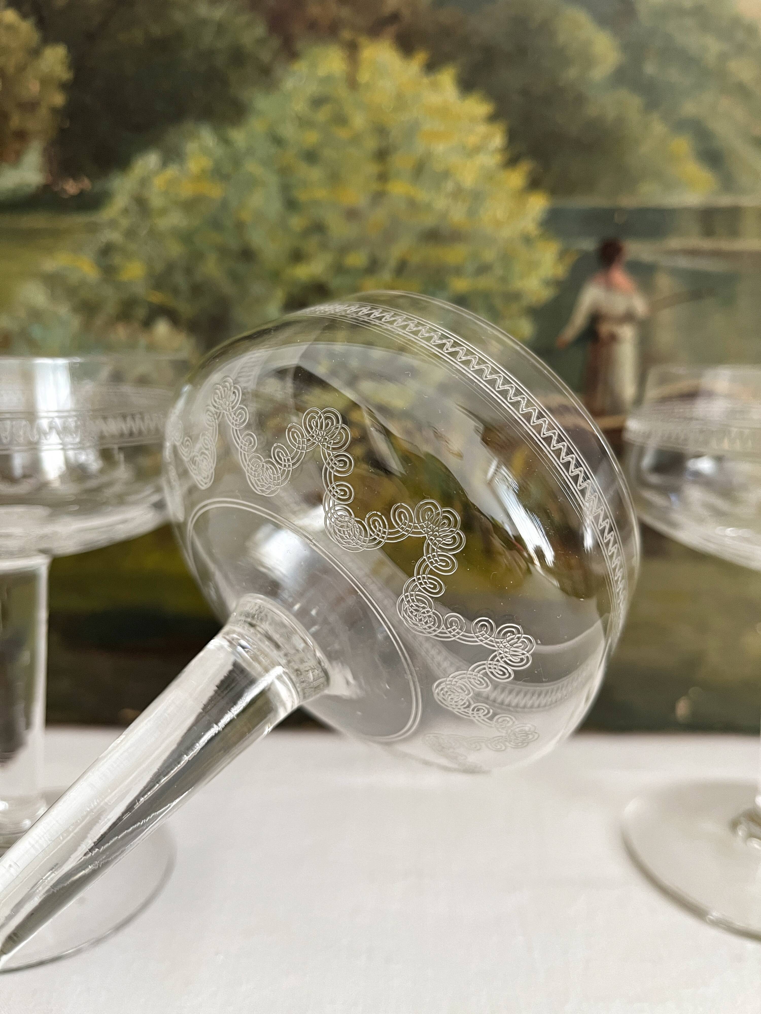 3 antique crystal champagne coupes with engraved decoration