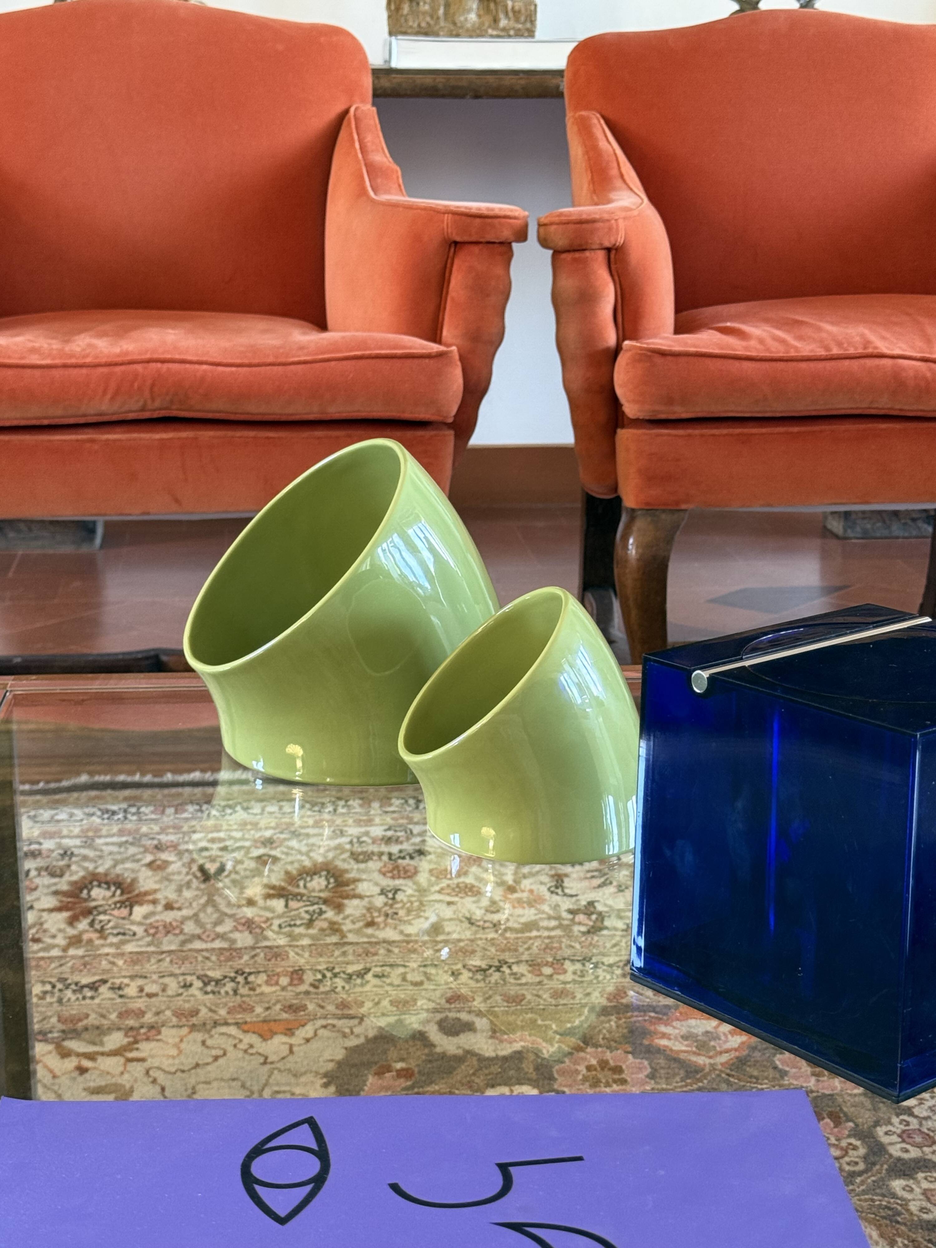 Space age set of 2 green ceramic vide poche, Sicart Italy ca. 1970