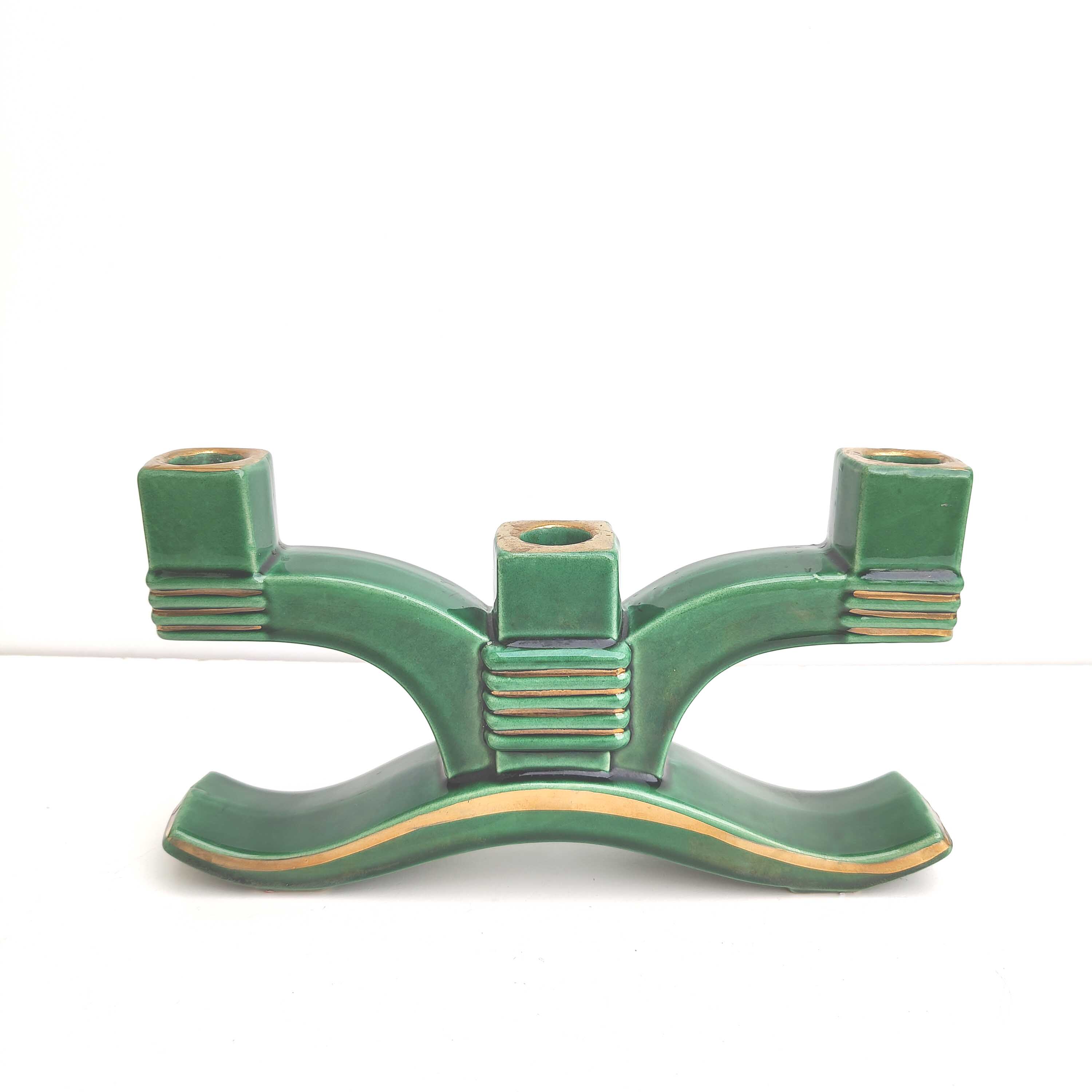 Candle holder 3 candles Art Deco green and gilded earthenware
