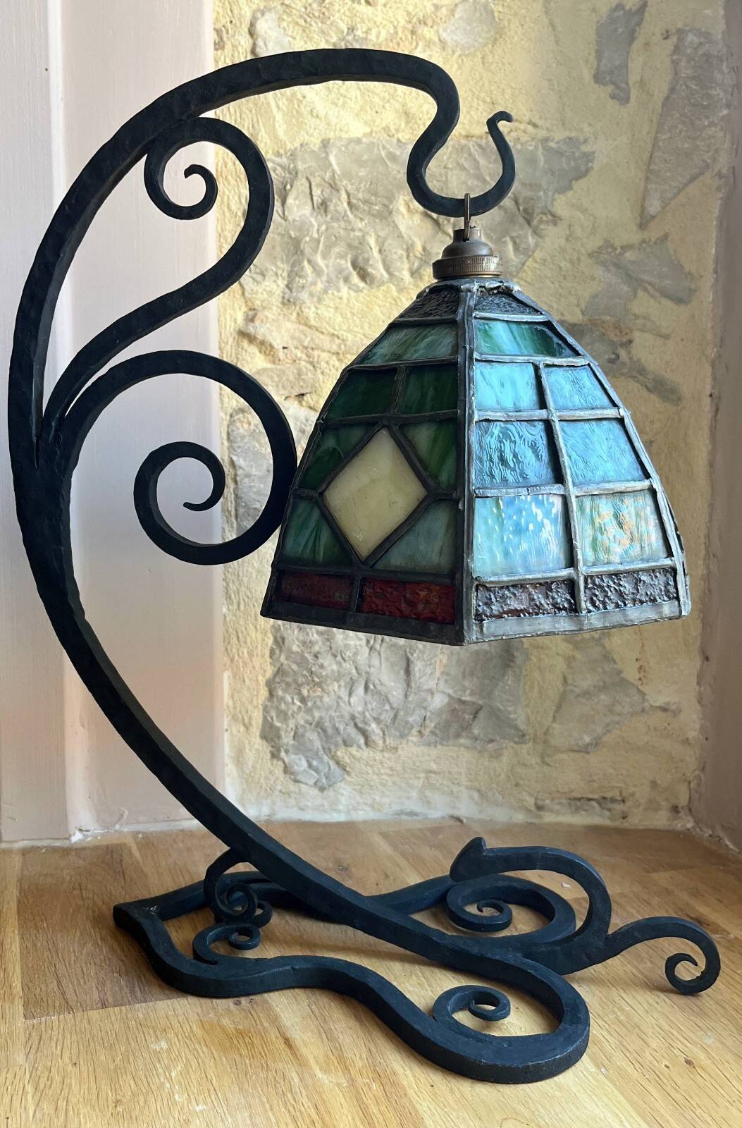 Antique Arts & Crafts Lamp cf. Tiffany Wrought iron and stained glass