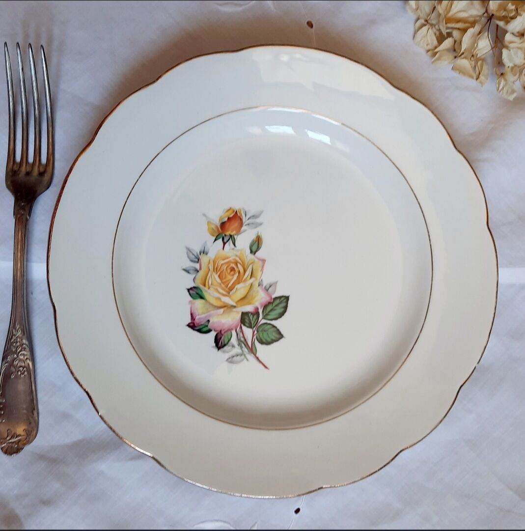 Flat earthenware plates with gilded edges
