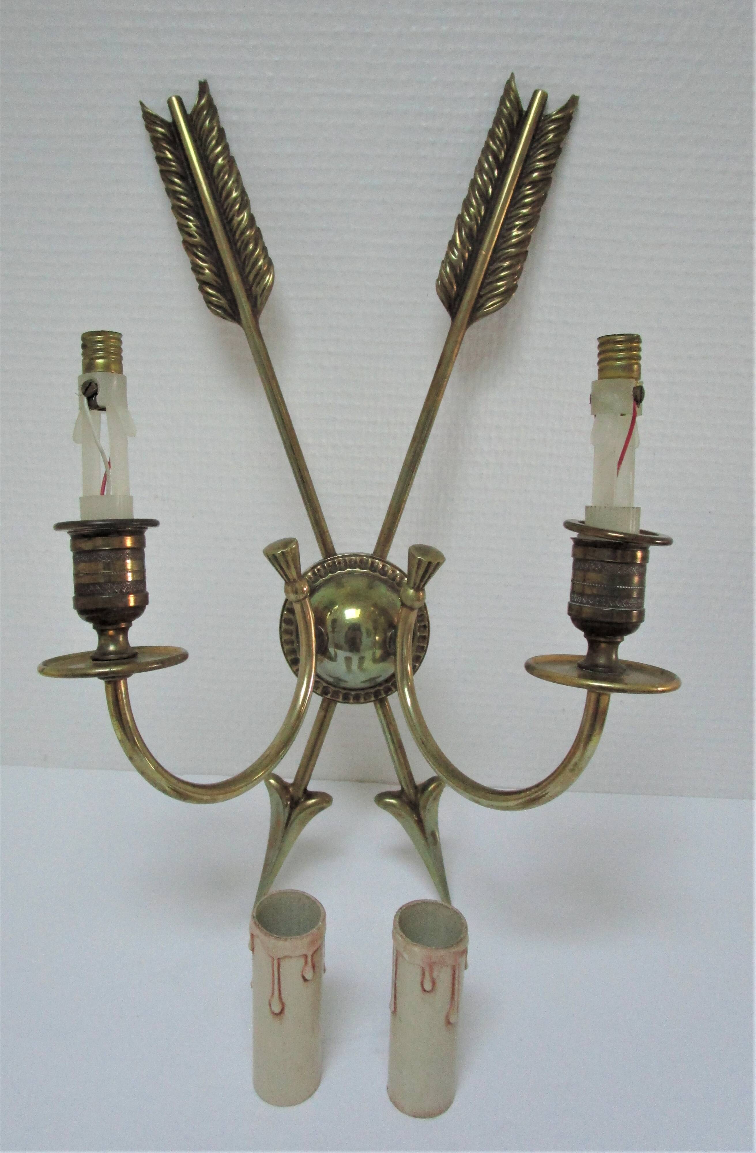Pair of bronze crossed arrow wall lights Lucien Gau