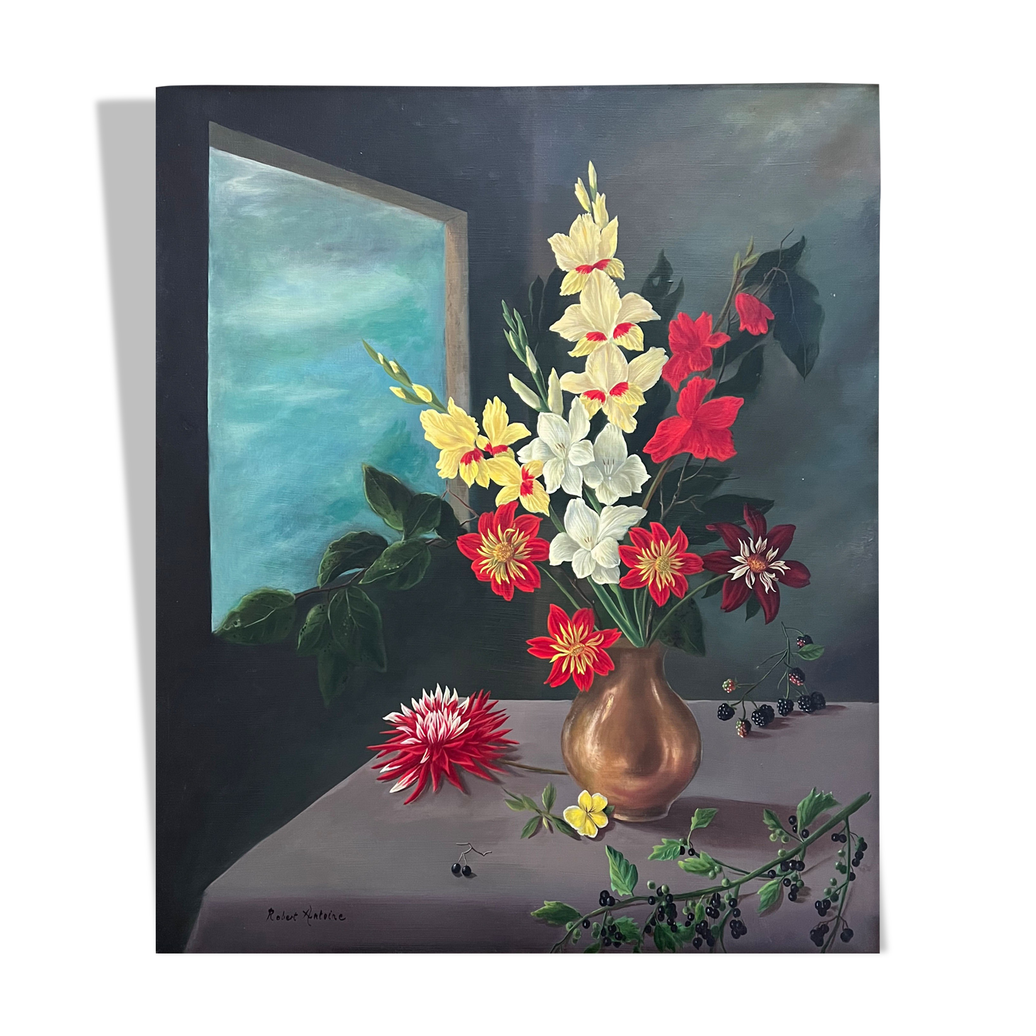 "Bouquet in a vase" oil on canvas still life by Robert Antoine