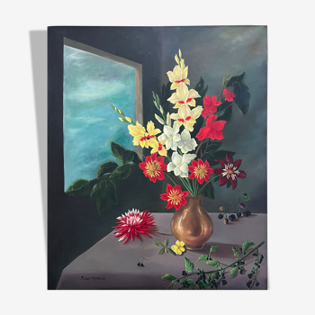 "Bouquet dans un vase" huile sur toile nature morte par Robert Antoine
