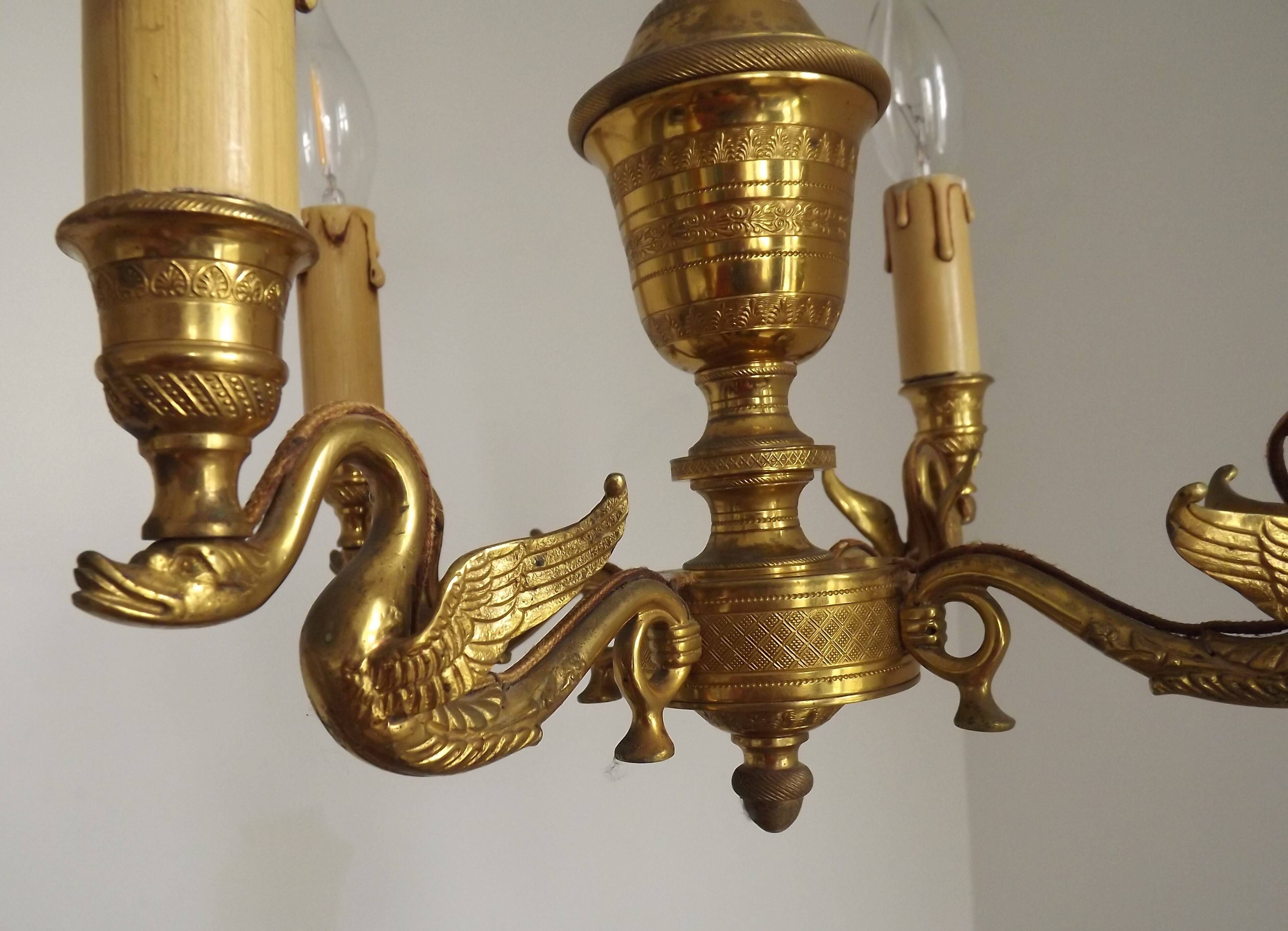 French Empire Style Bronze 4-Light Chandelier with Swan Detail Arms