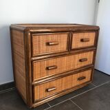 Chest of drawers in bamboo and vintage rattan