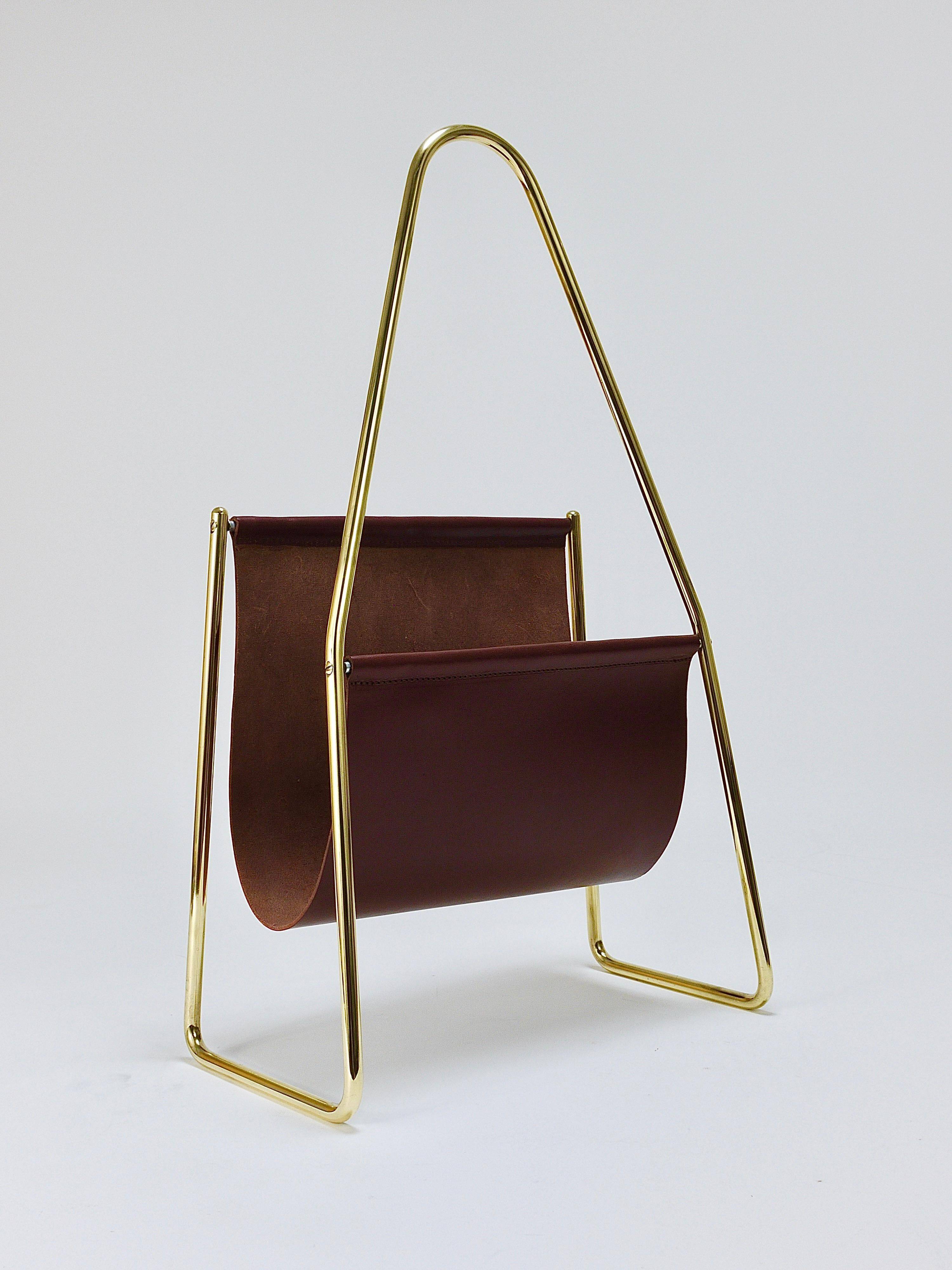 Porte-revues Carl Auböck II Midcentury, laiton et cuir marron, vintage, Autriche