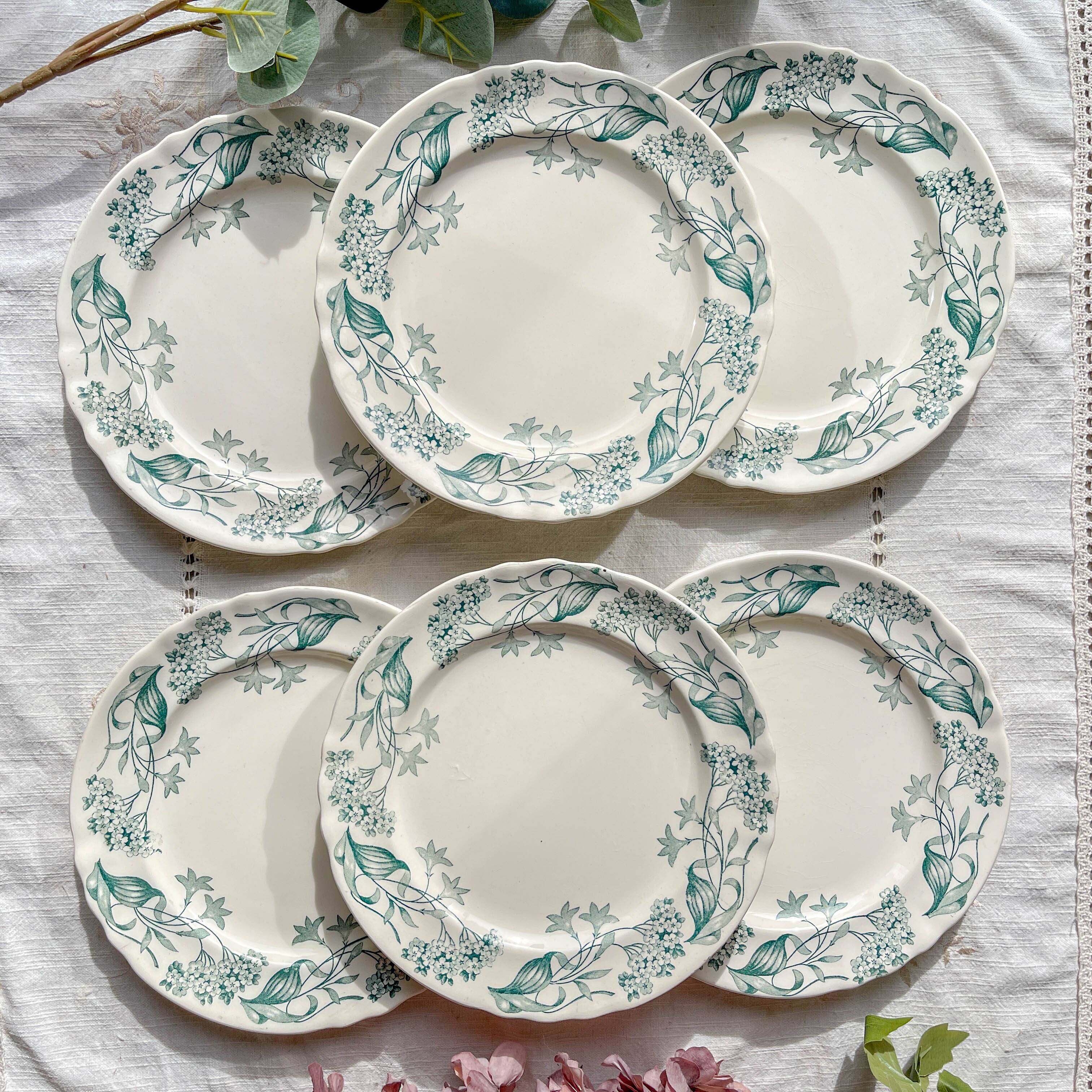 Set of 6 Antique Flat Plates Terre de Fer "Lilac" - Longchamp 19th Century